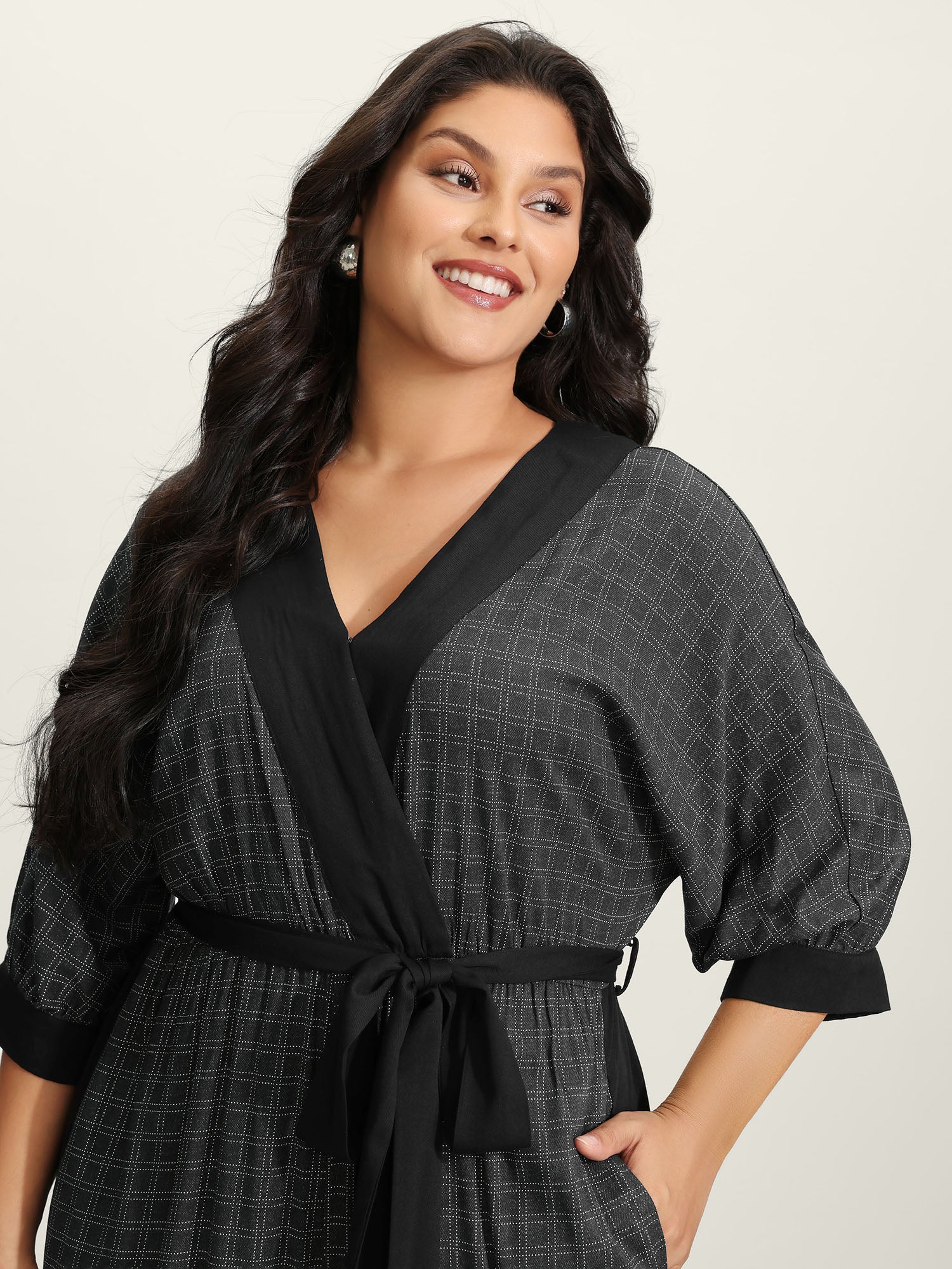 Stretchy Rayon Plaid Pockets Belt Jumpsuit - Image 2