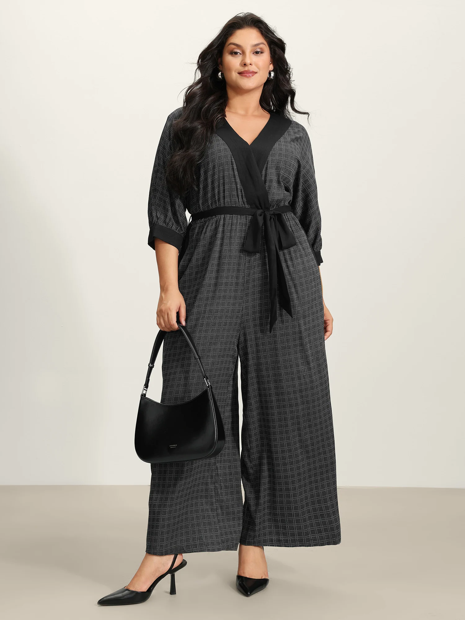 Stretchy Rayon Plaid Pockets Belt Jumpsuit - Image 3
