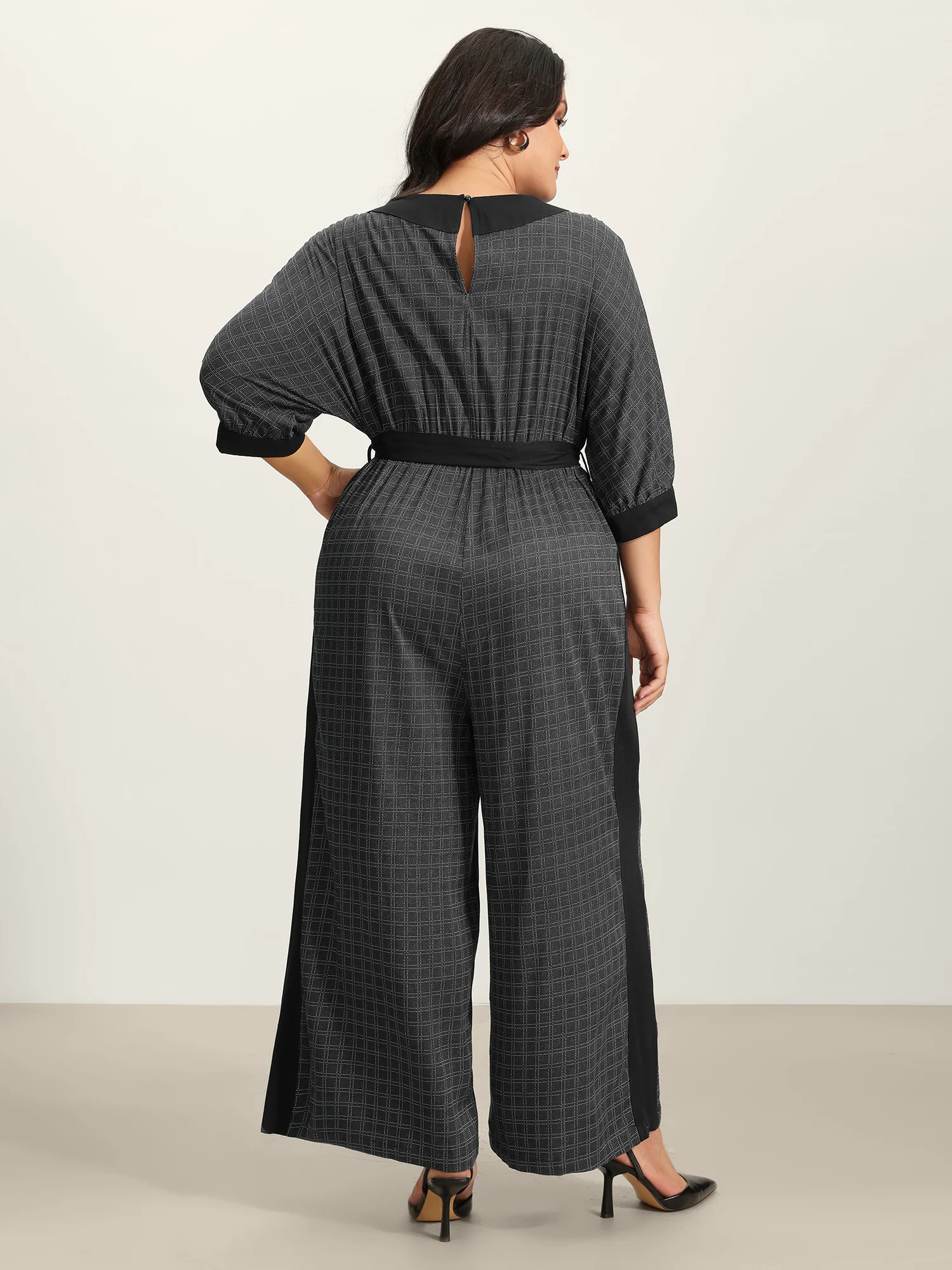 Stretchy Rayon Plaid Pockets Belt Jumpsuit - Image 4