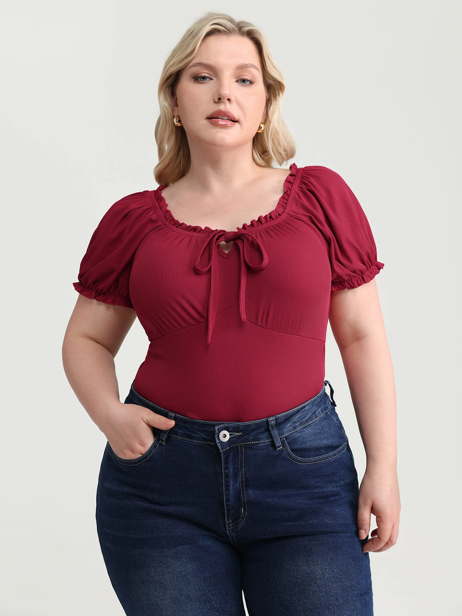 Stretchy Ribbed Drawstring Neckline Knit Top - Image 2
