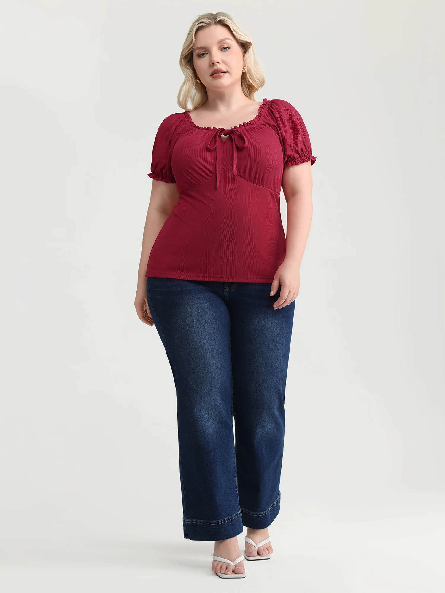 Stretchy Ribbed Drawstring Neckline Knit Top - Image 3