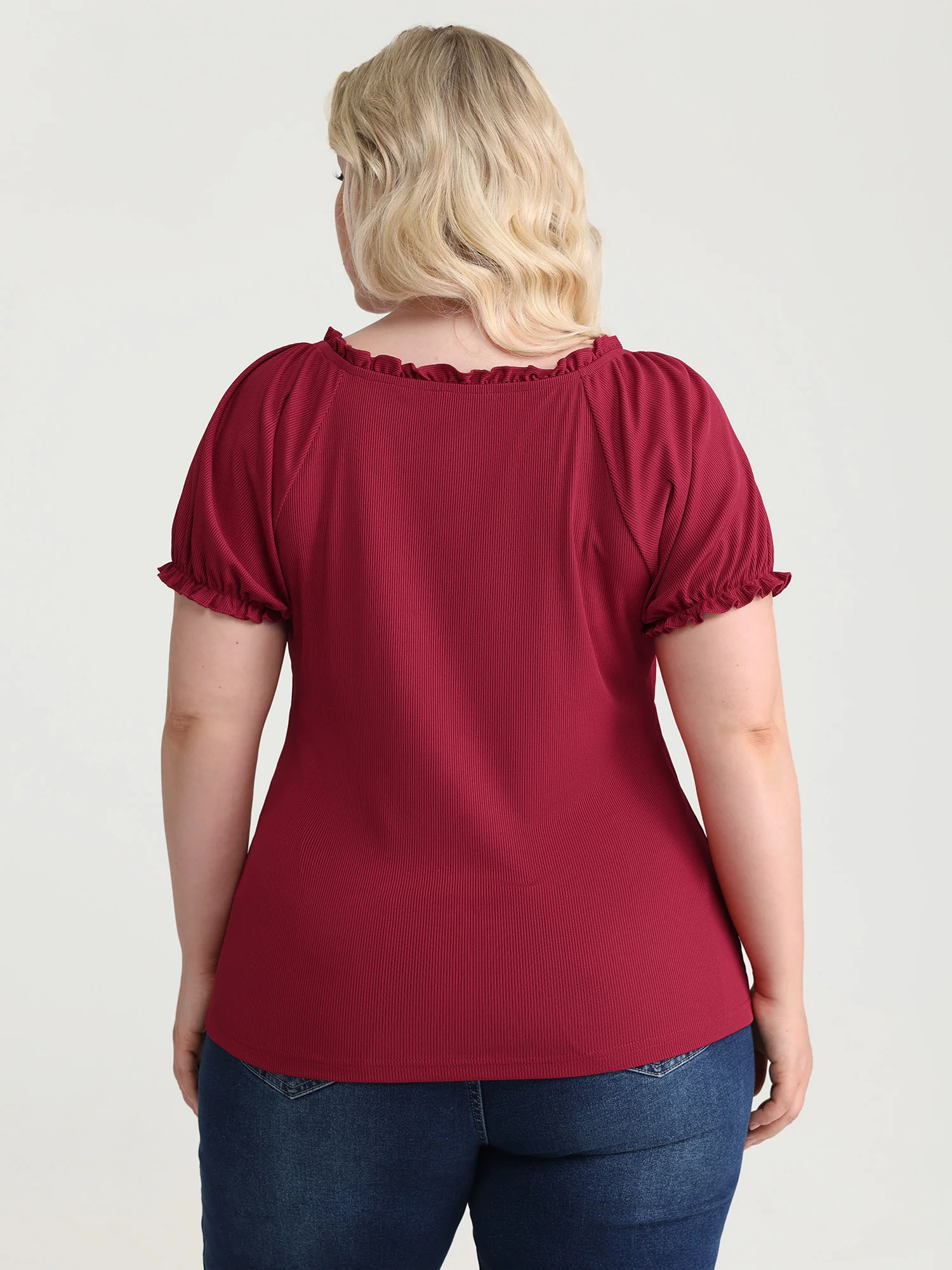 Stretchy Ribbed Drawstring Neckline Knit Top - Image 5