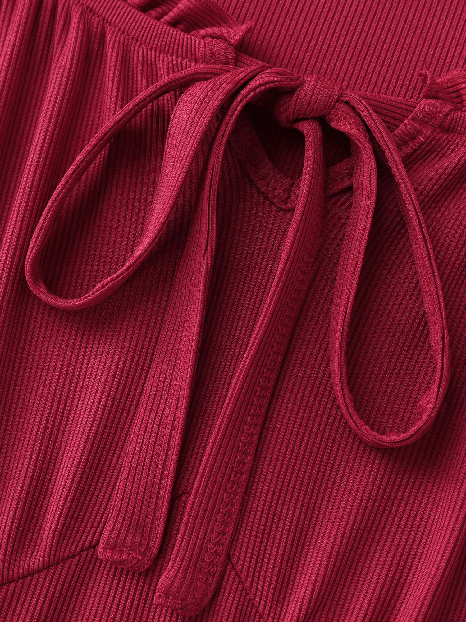 Stretchy Ribbed Drawstring Neckline Knit Top - Image 6