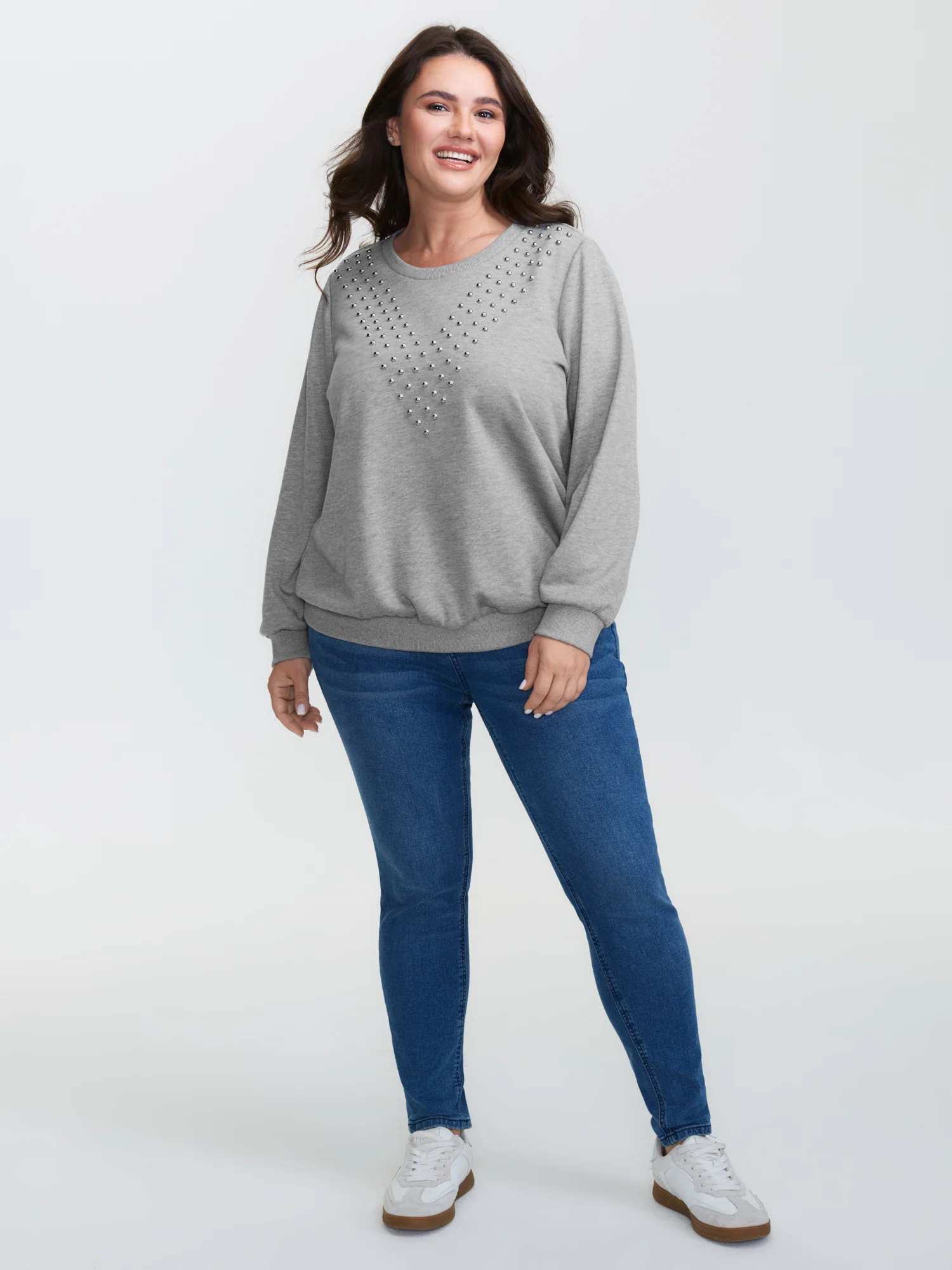 Stretchy Rivet Detail Round Neck Sweatshirt - Image 3