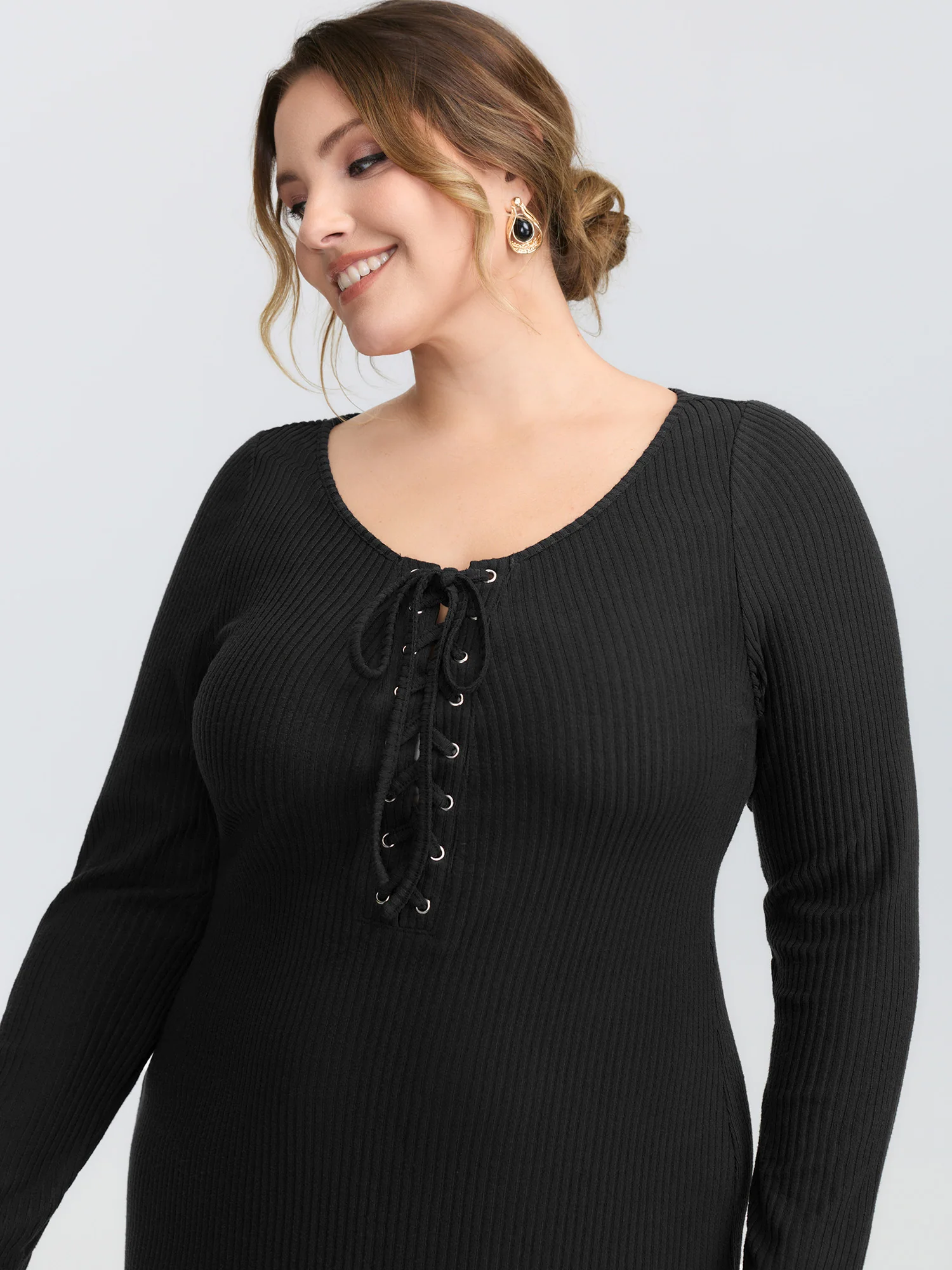 Stretchy Round Neck Lace-Up Midi Dress - Image 2