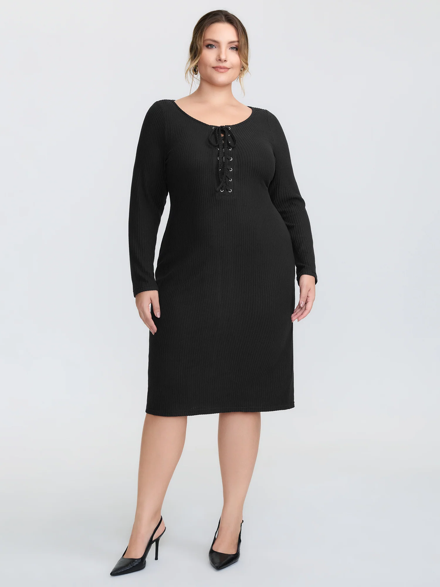 Stretchy Round Neck Lace-Up Midi Dress - Image 3