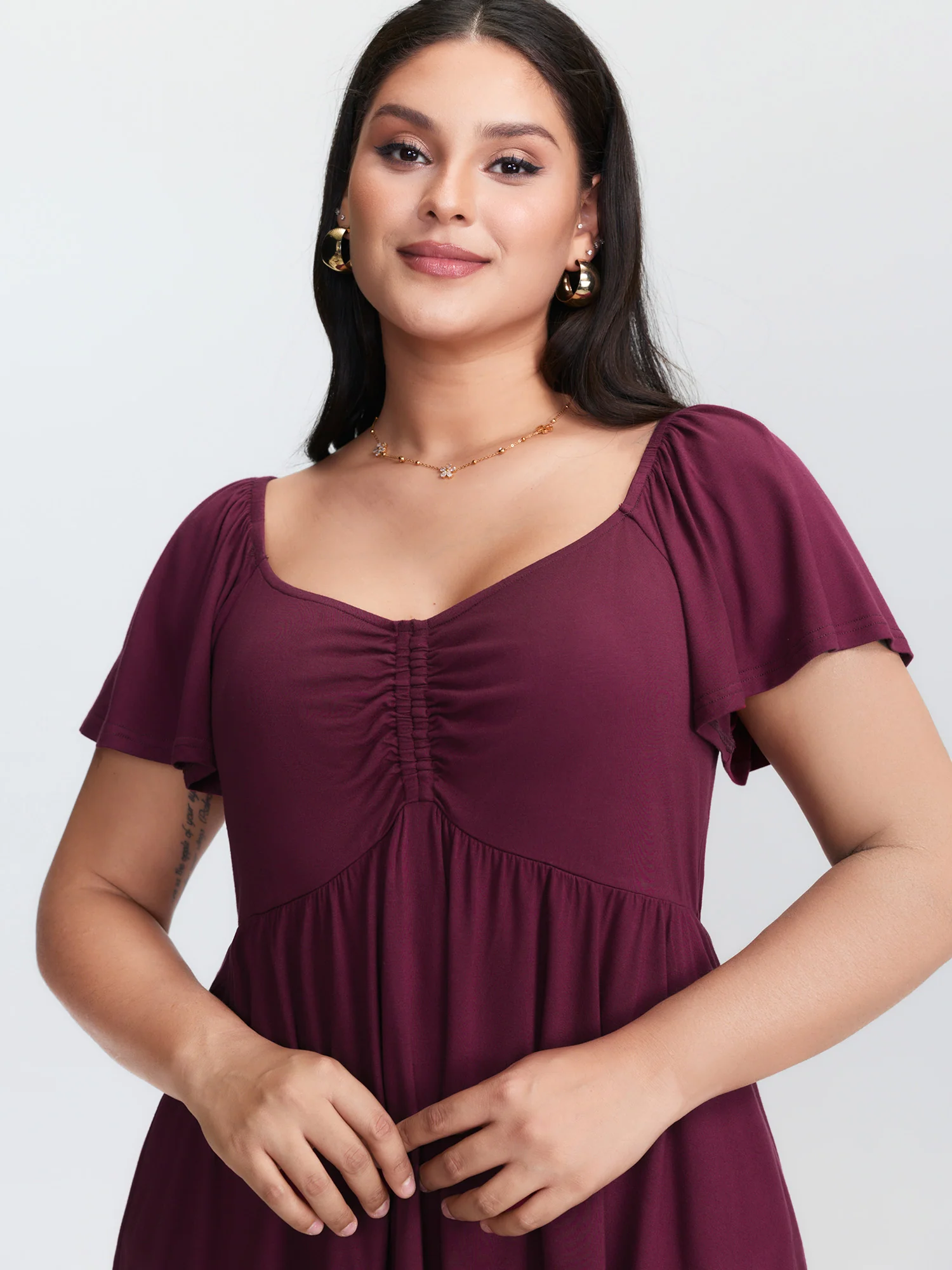 Stretchy Ruched Bodice Pleated Knit Top - Image 2