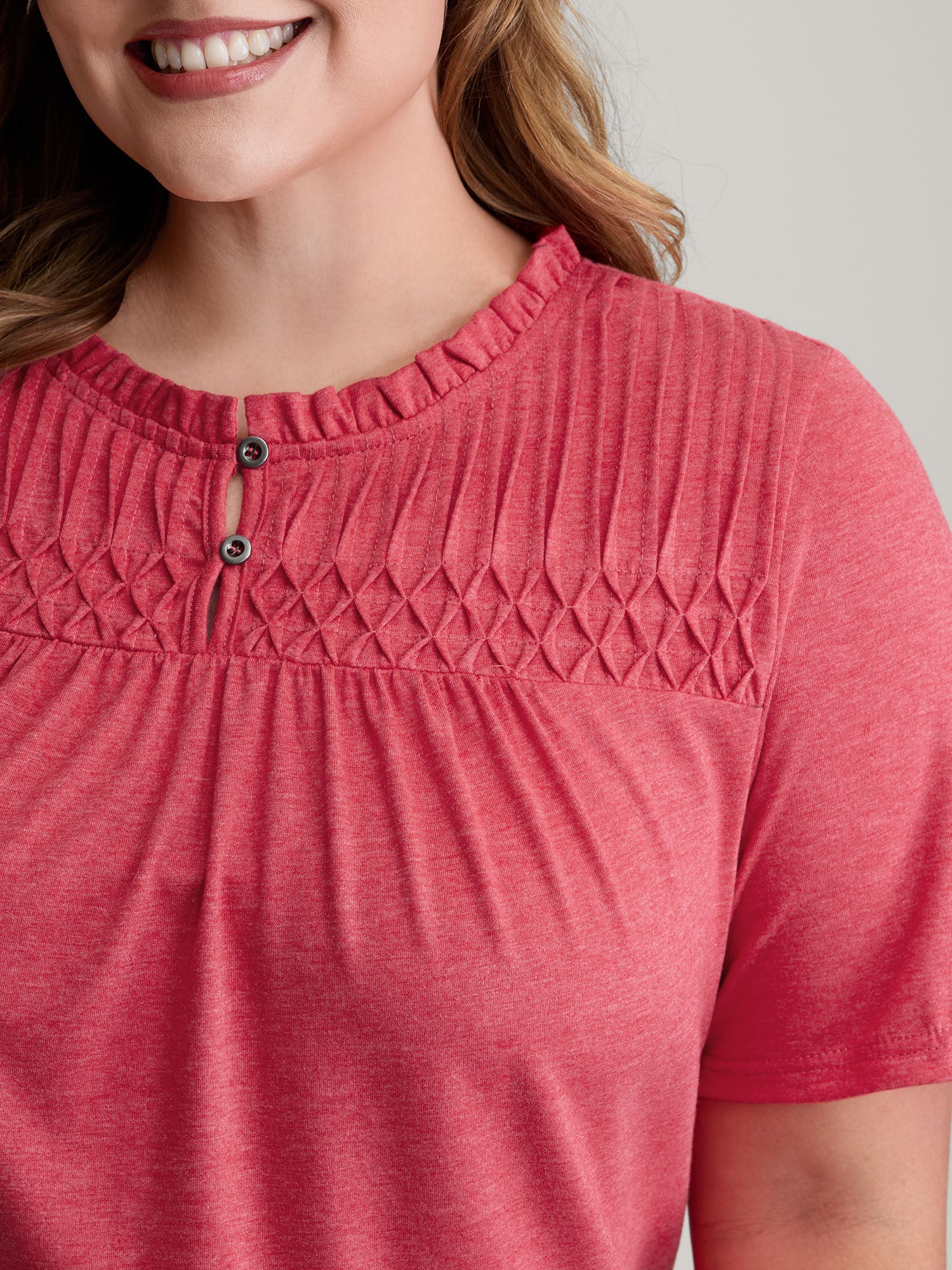 Stretchy Ruched Neckline Ruffled Neck T-Shirt - Image 3