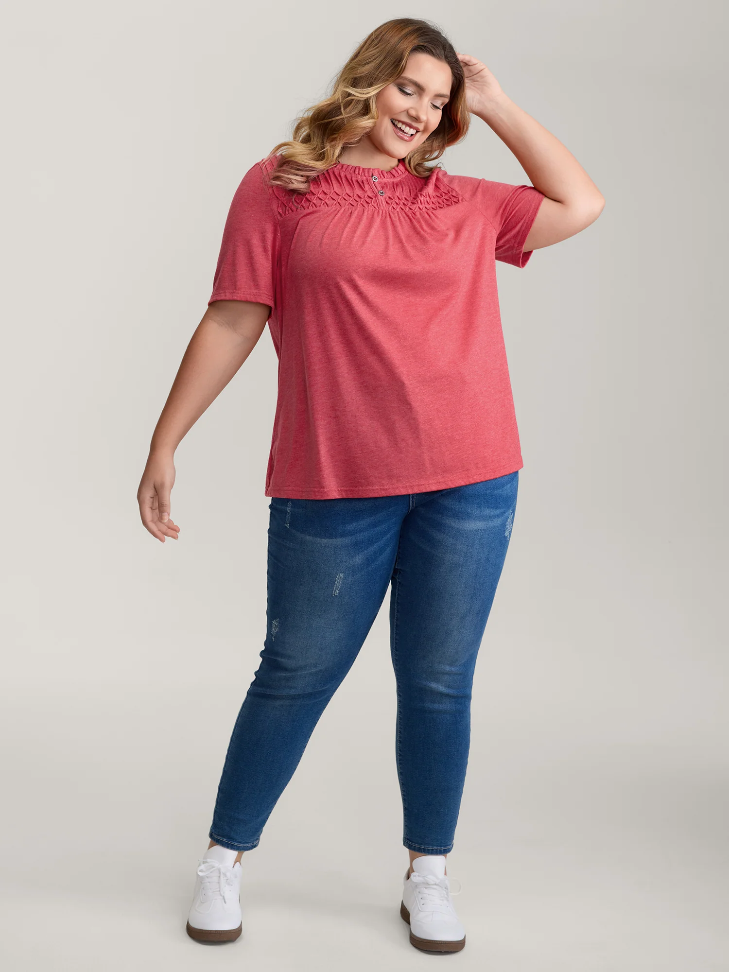 Stretchy Ruched Neckline Ruffled Neck T-Shirt - Image 4