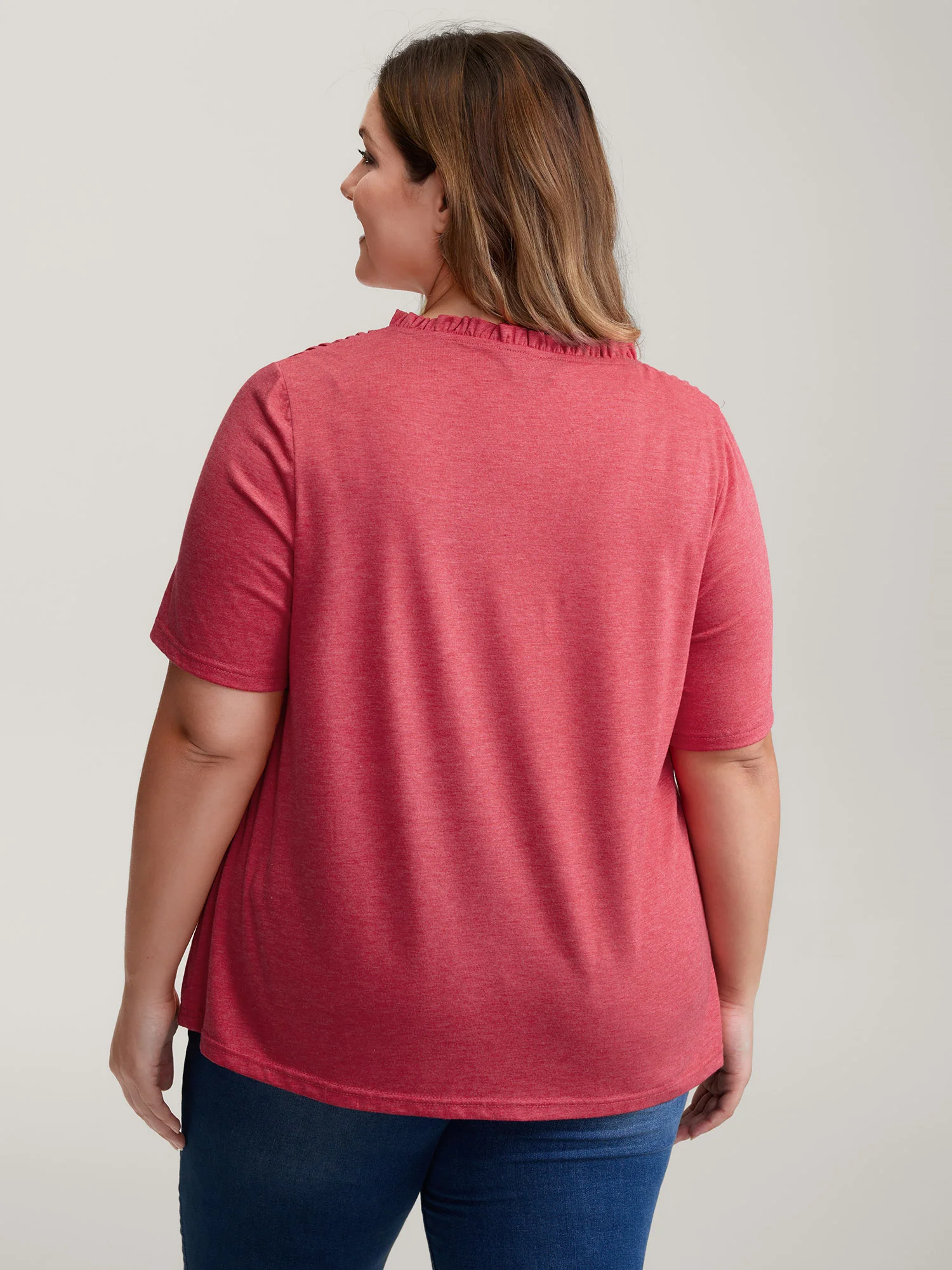 Stretchy Ruched Neckline Ruffled Neck T-Shirt - Image 5