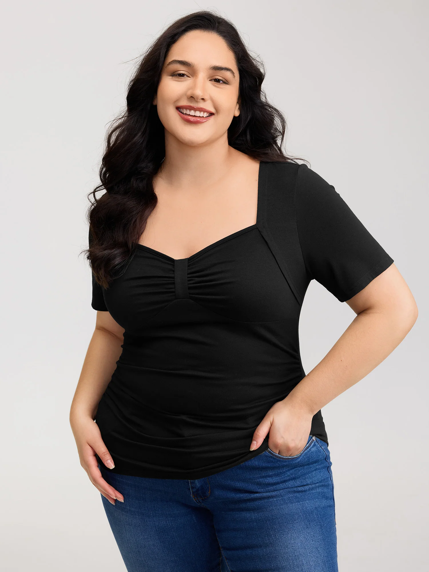 Stretchy Ruched Square Neck T-Shirt