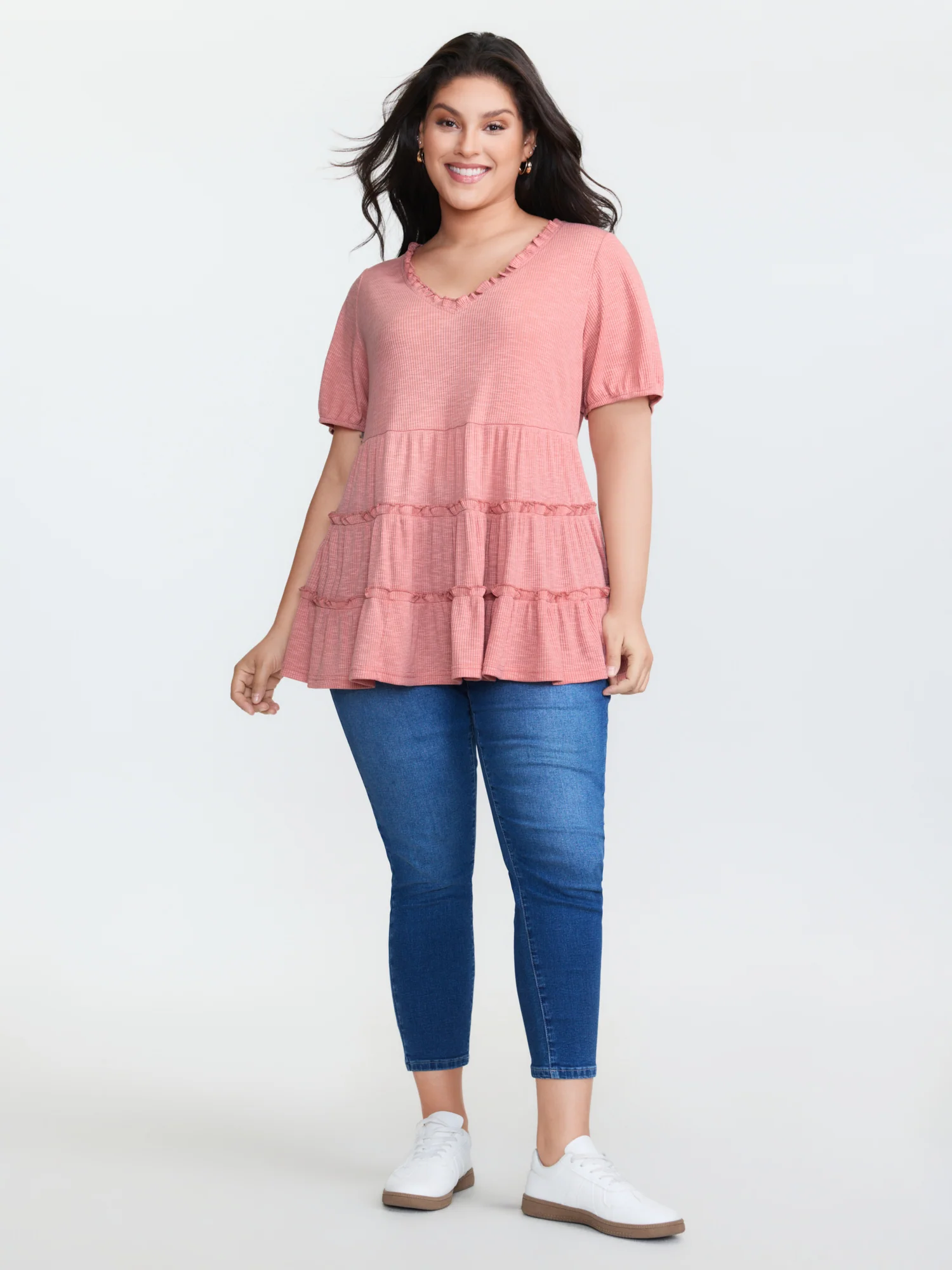 Stretchy Ruffled Neckline Tiered Knit Top - Image 3