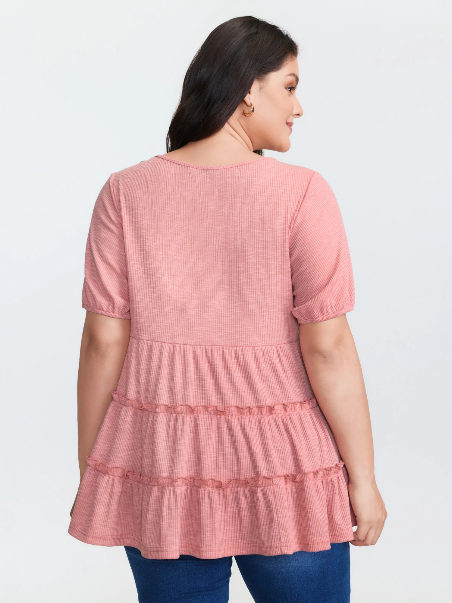 Stretchy Ruffled Neckline Tiered Knit Top - Image 5