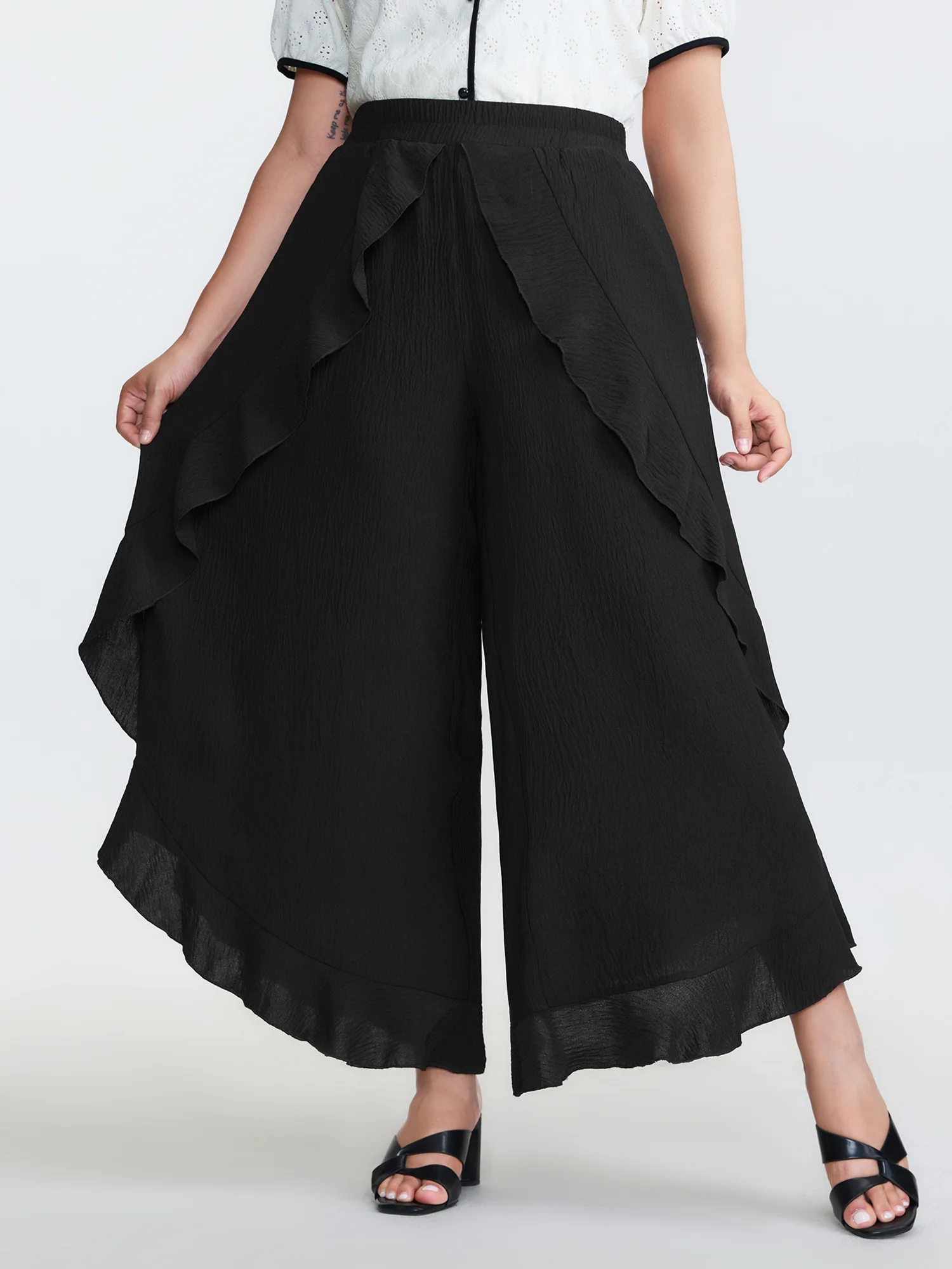 Stretchy Ruffled Trim Wide-Leg Pants
