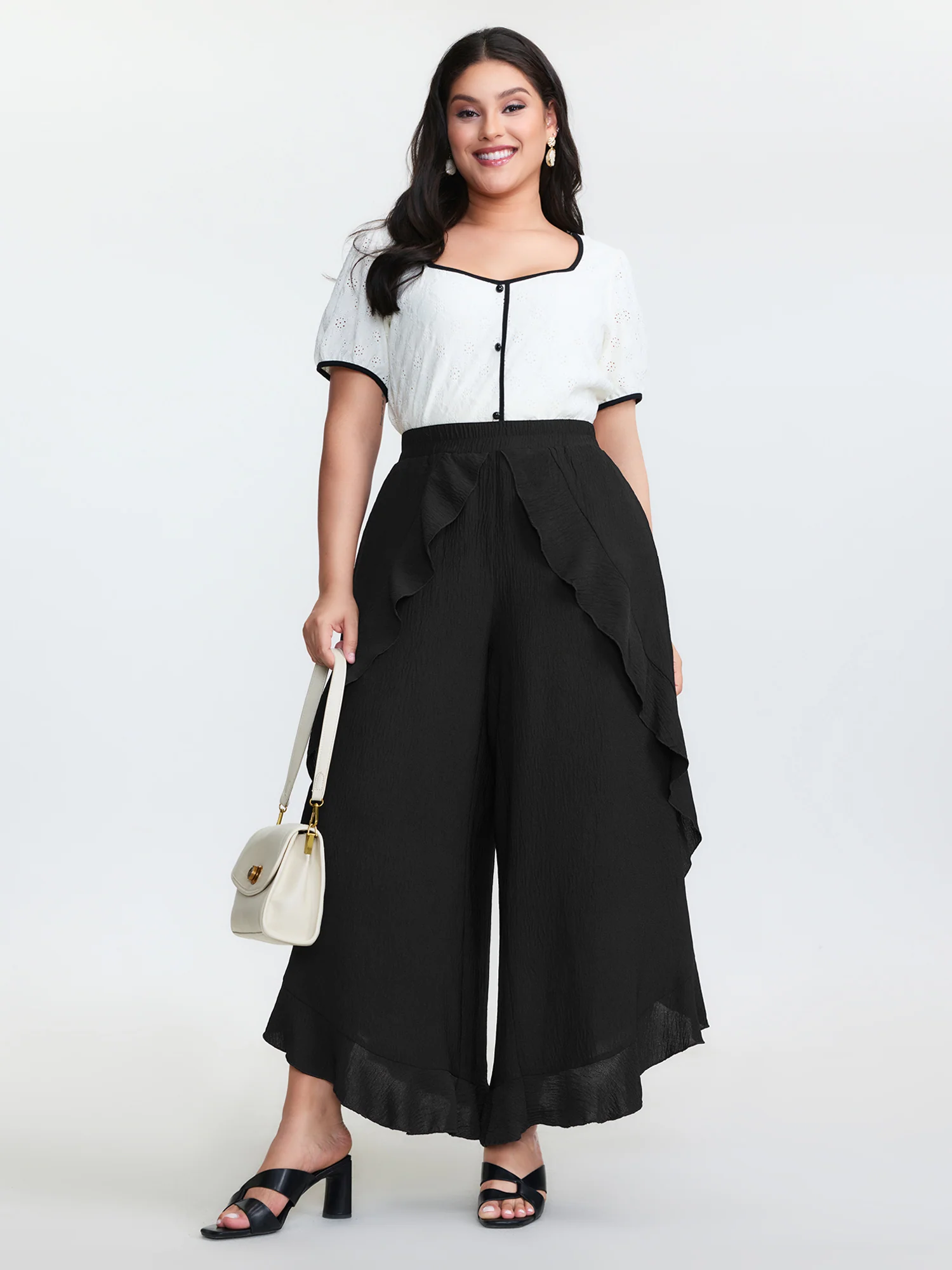 Stretchy Ruffled Trim Wide-Leg Pants - Image 2