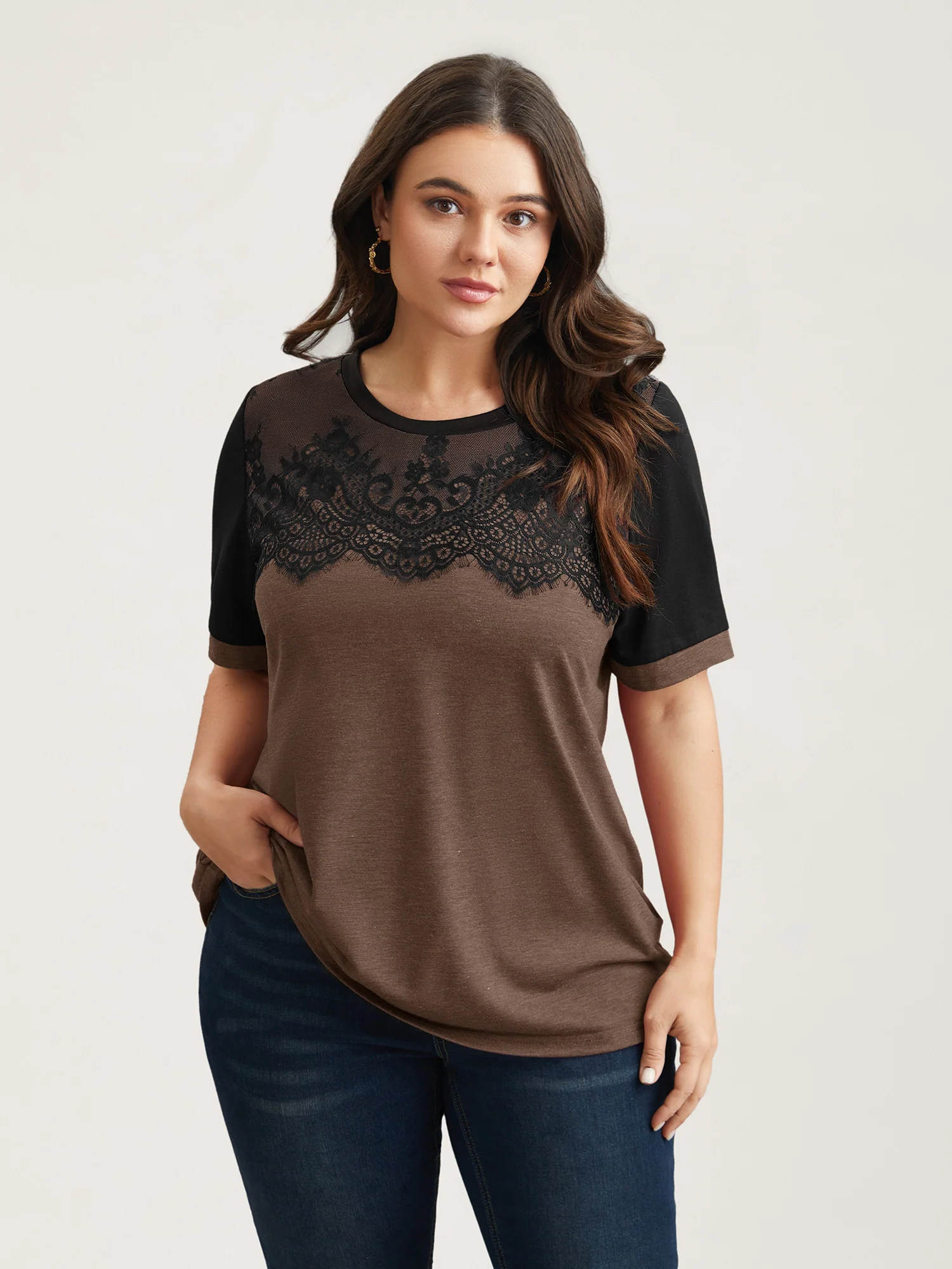 Stretchy Scalloped Lace Color Contrast T-Shirt - Image 11