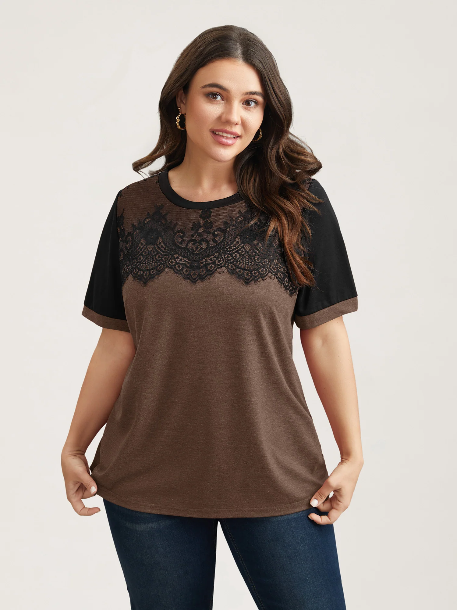Stretchy Scalloped Lace Color Contrast T-Shirt - Image 14