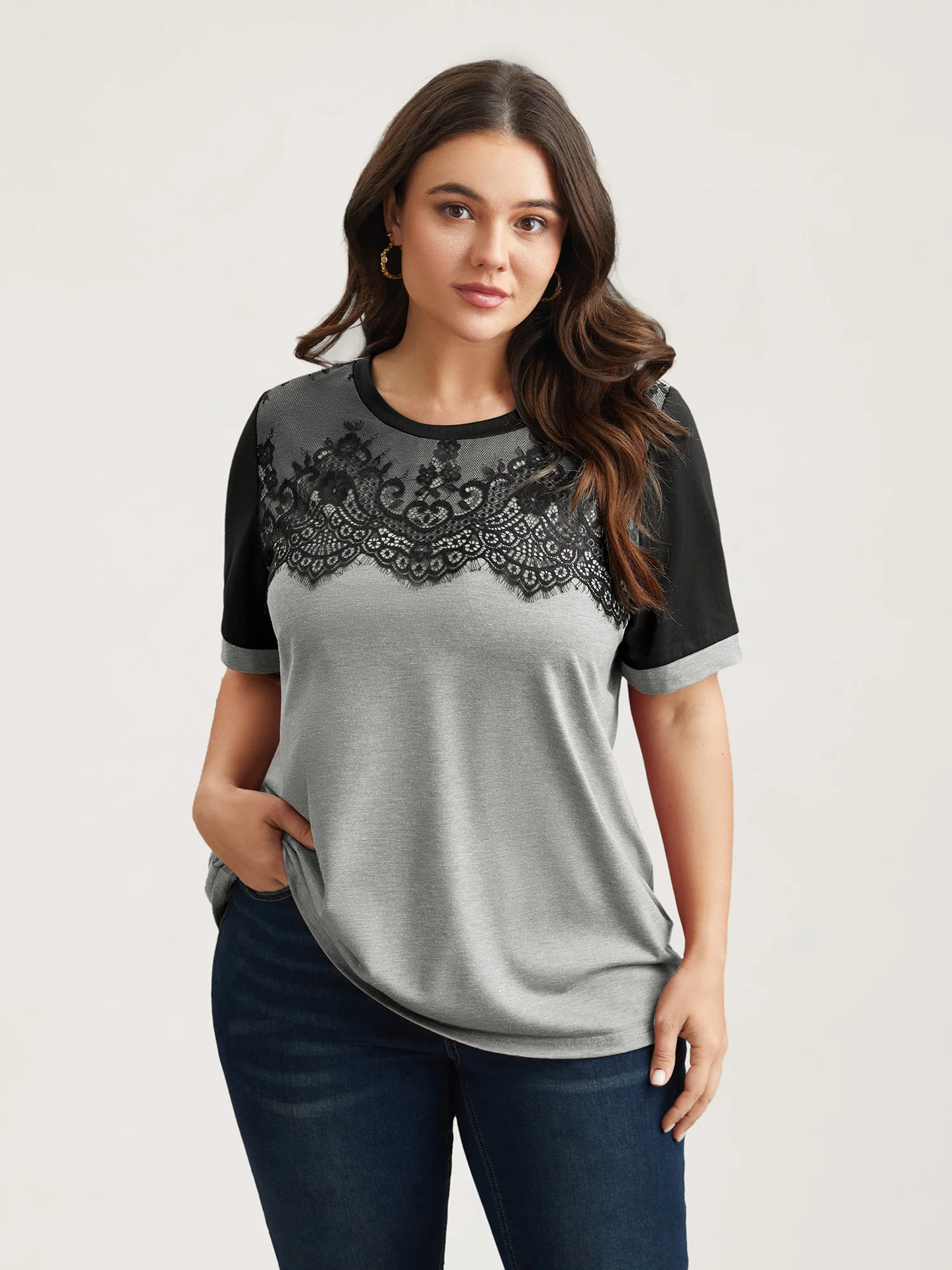Stretchy Scalloped Lace Color Contrast T-Shirt - Image 16