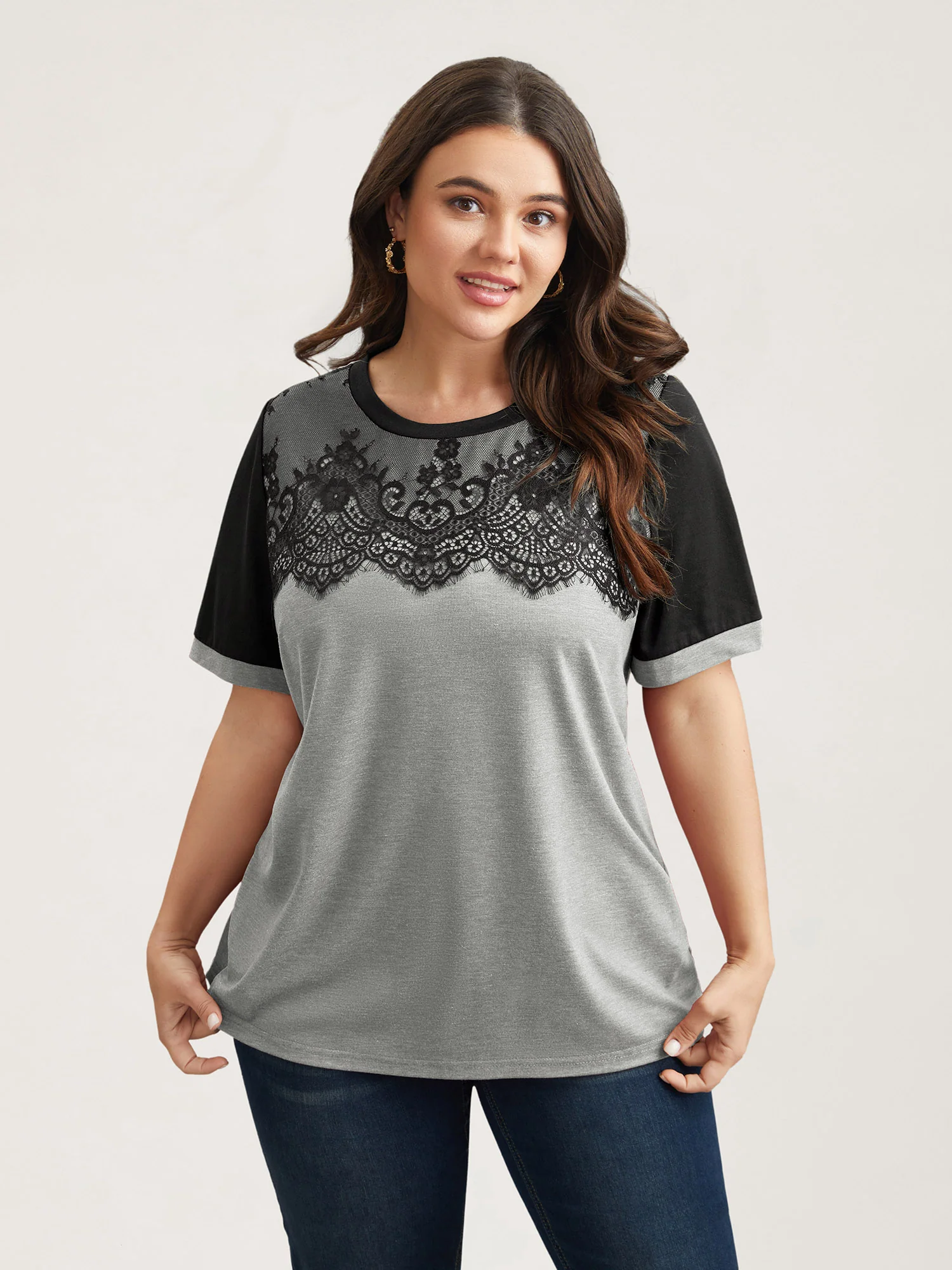 Stretchy Scalloped Lace Color Contrast T-Shirt - Image 17