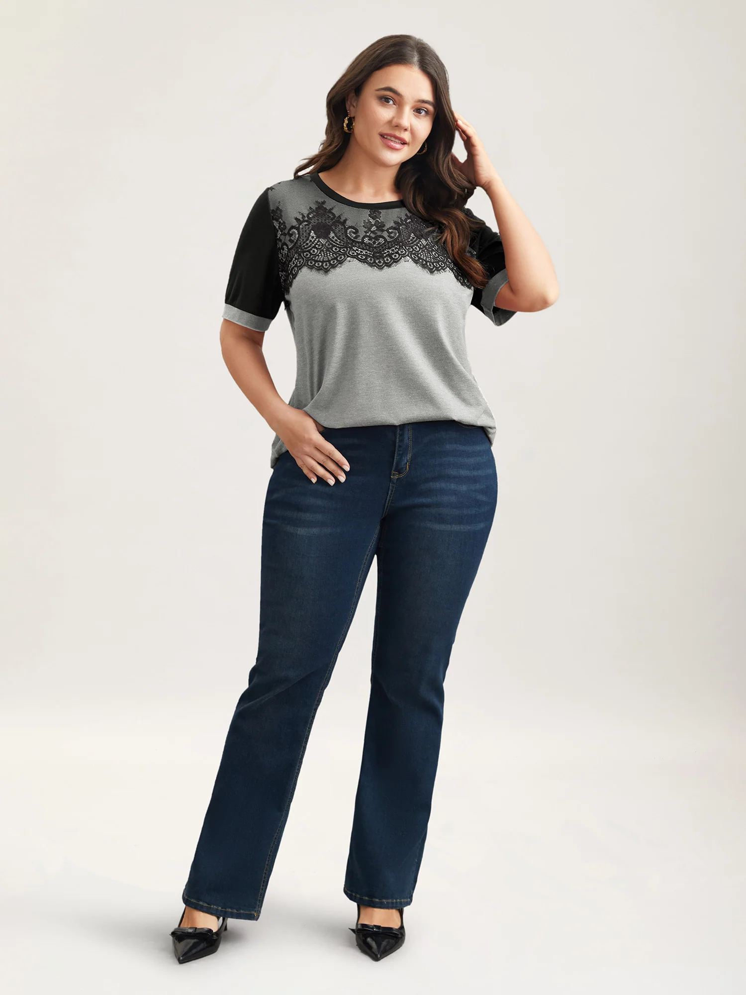 Stretchy Scalloped Lace Color Contrast T-Shirt - Image 19