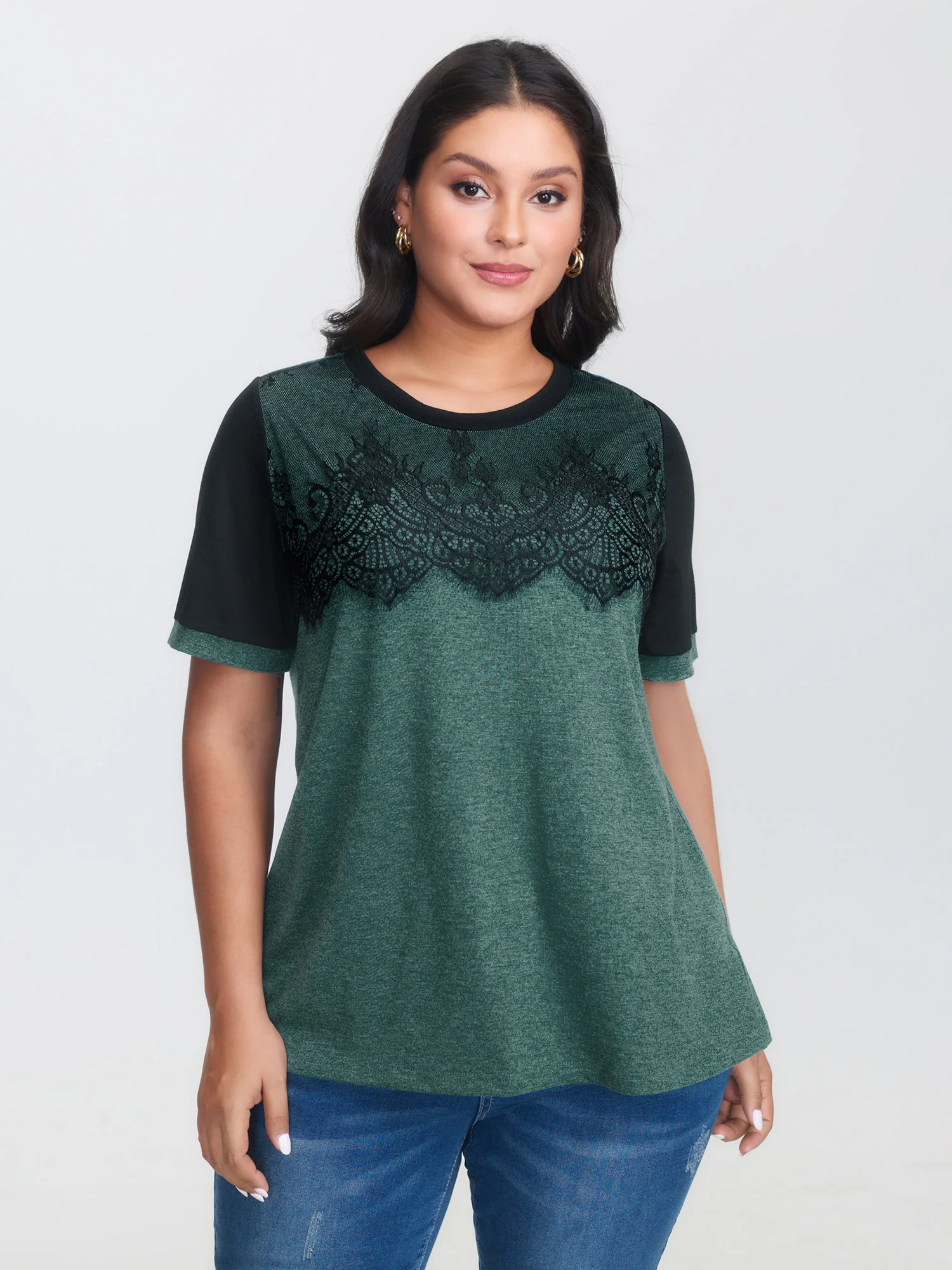 Stretchy Scalloped Lace Color Contrast T-Shirt - Image 22