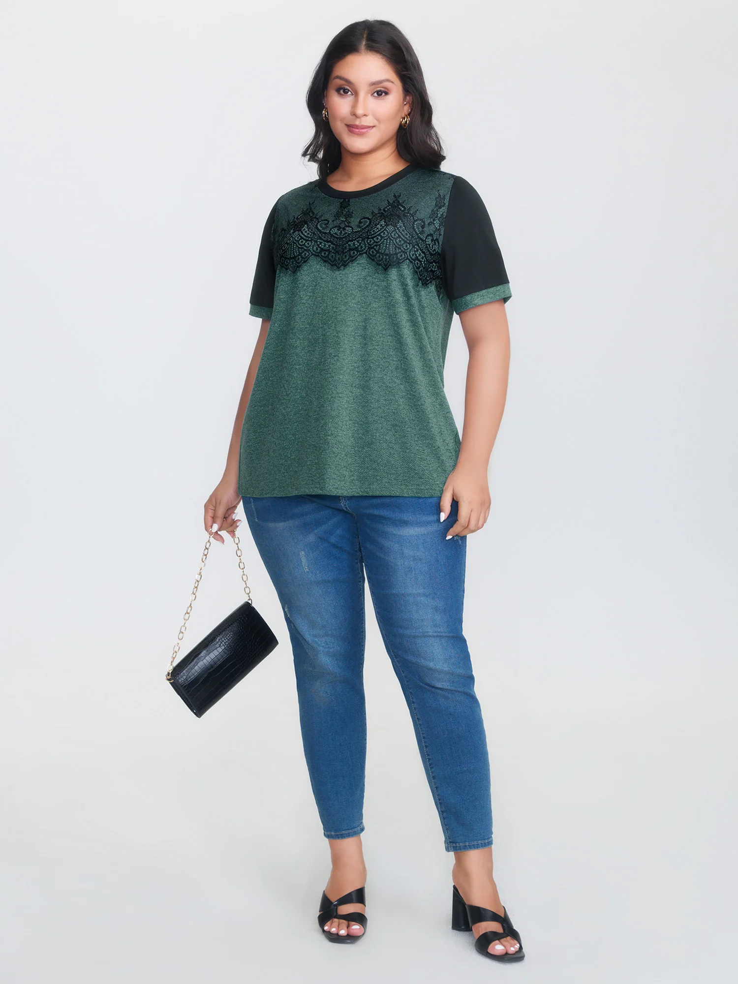 Stretchy Scalloped Lace Color Contrast T-Shirt - Image 23