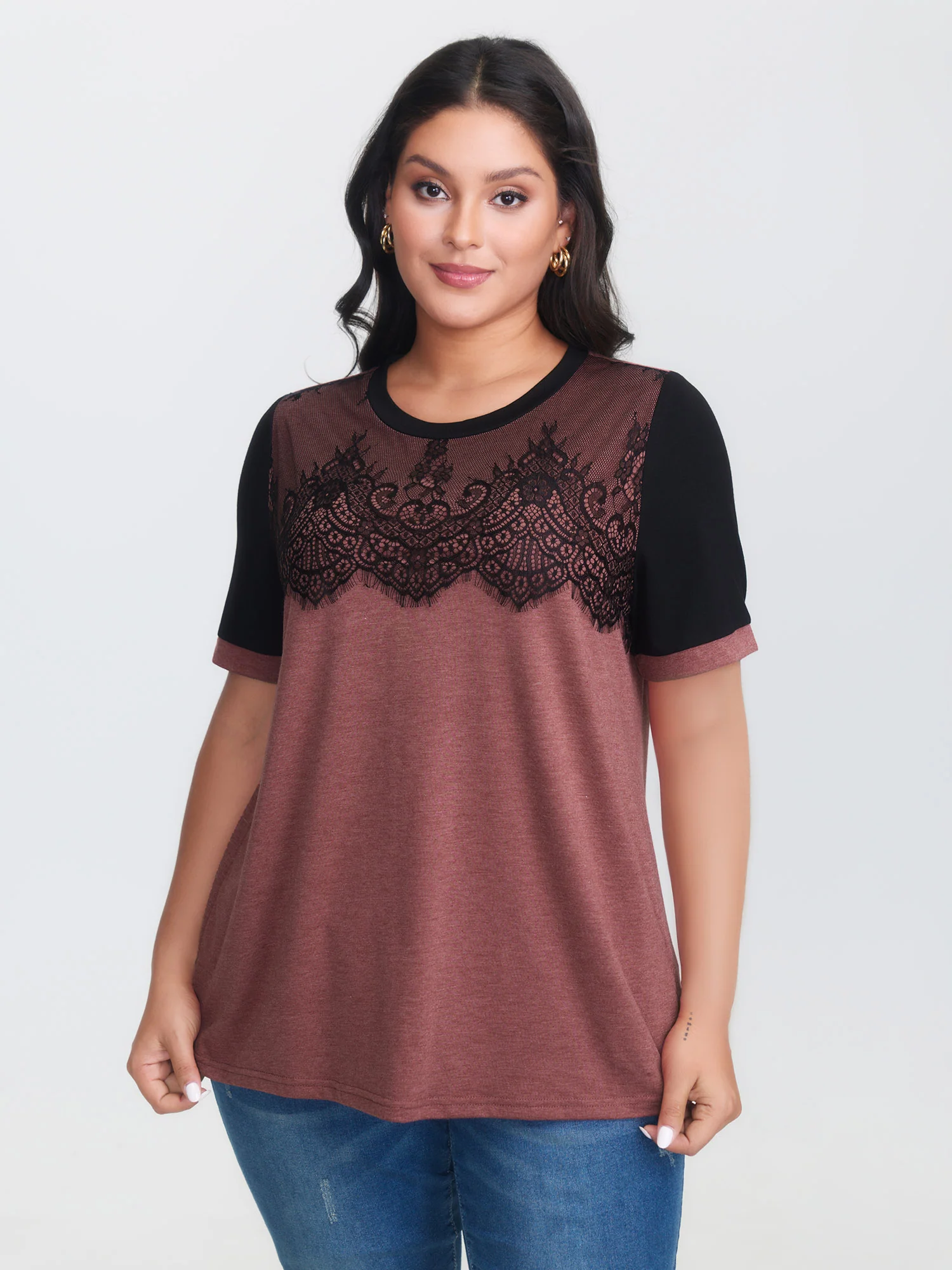 Stretchy Scalloped Lace Color Contrast T-Shirt - Image 26
