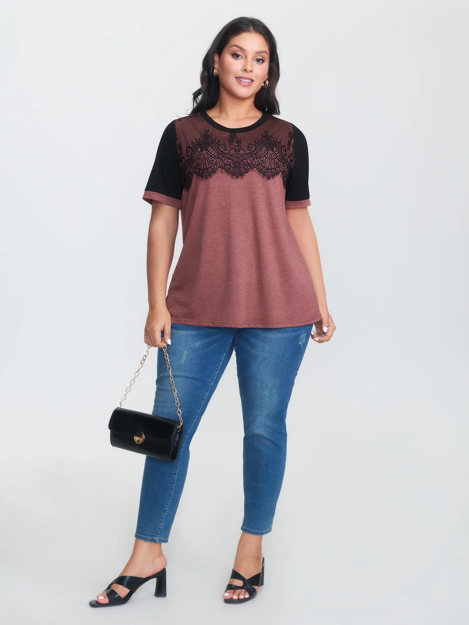 Stretchy Scalloped Lace Color Contrast T-Shirt - Image 27