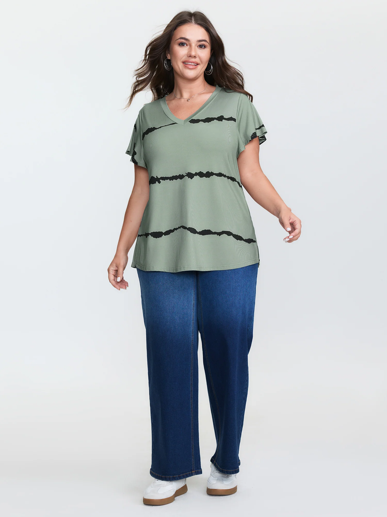 Stretchy Scribble Pattern V-Neck T-Shirt - Image 3