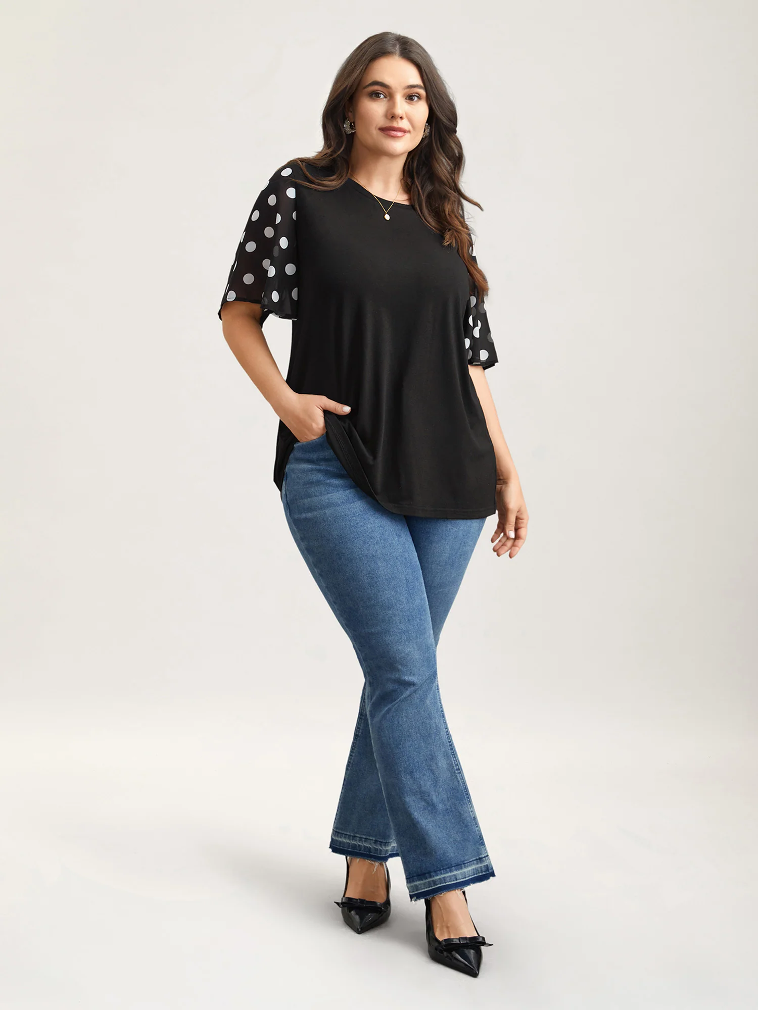 Stretchy Sheer Dot Sleeve Textured T-Shirt - Image 2