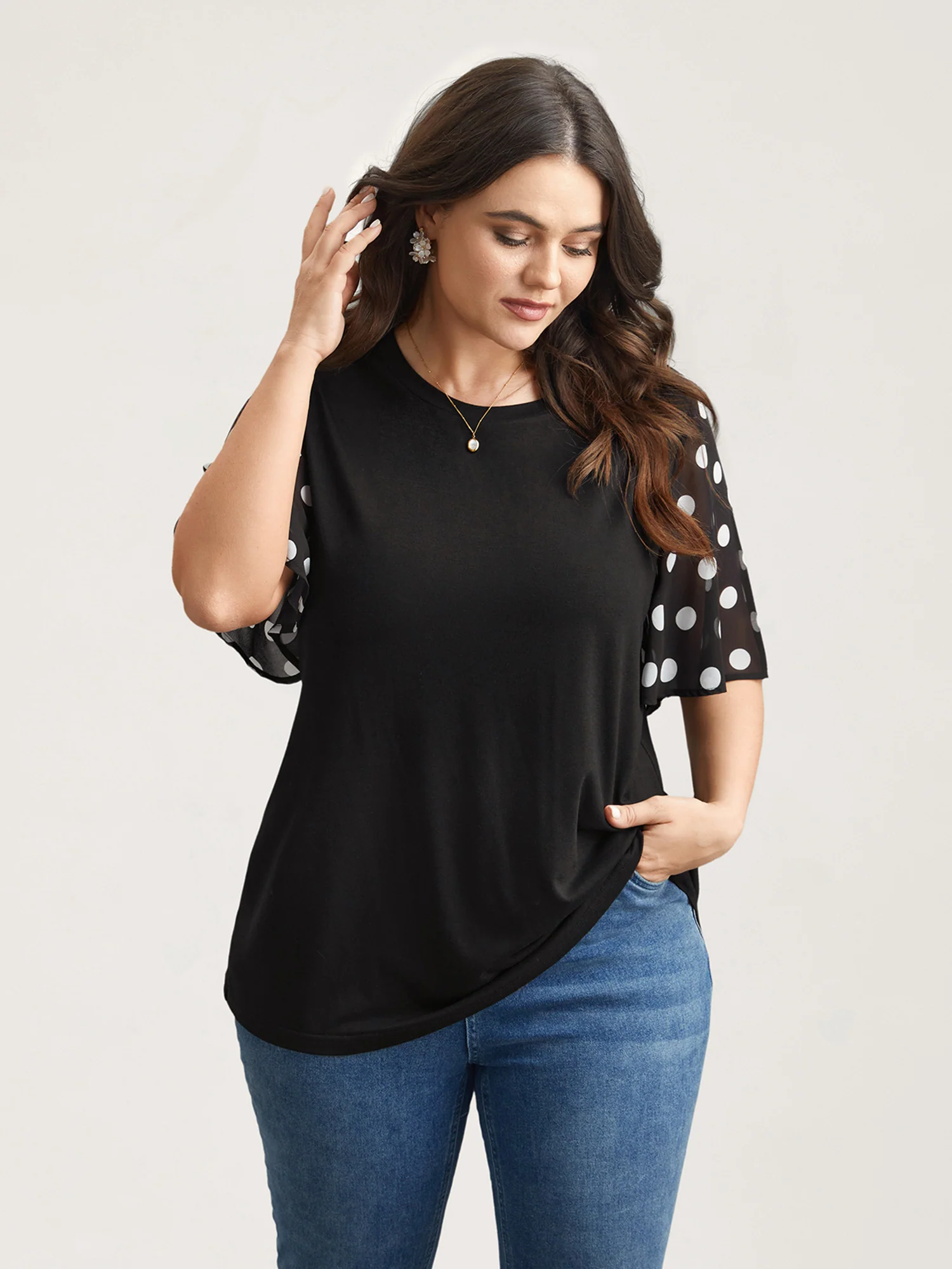 Stretchy Sheer Dot Sleeve Textured T-Shirt - Image 3