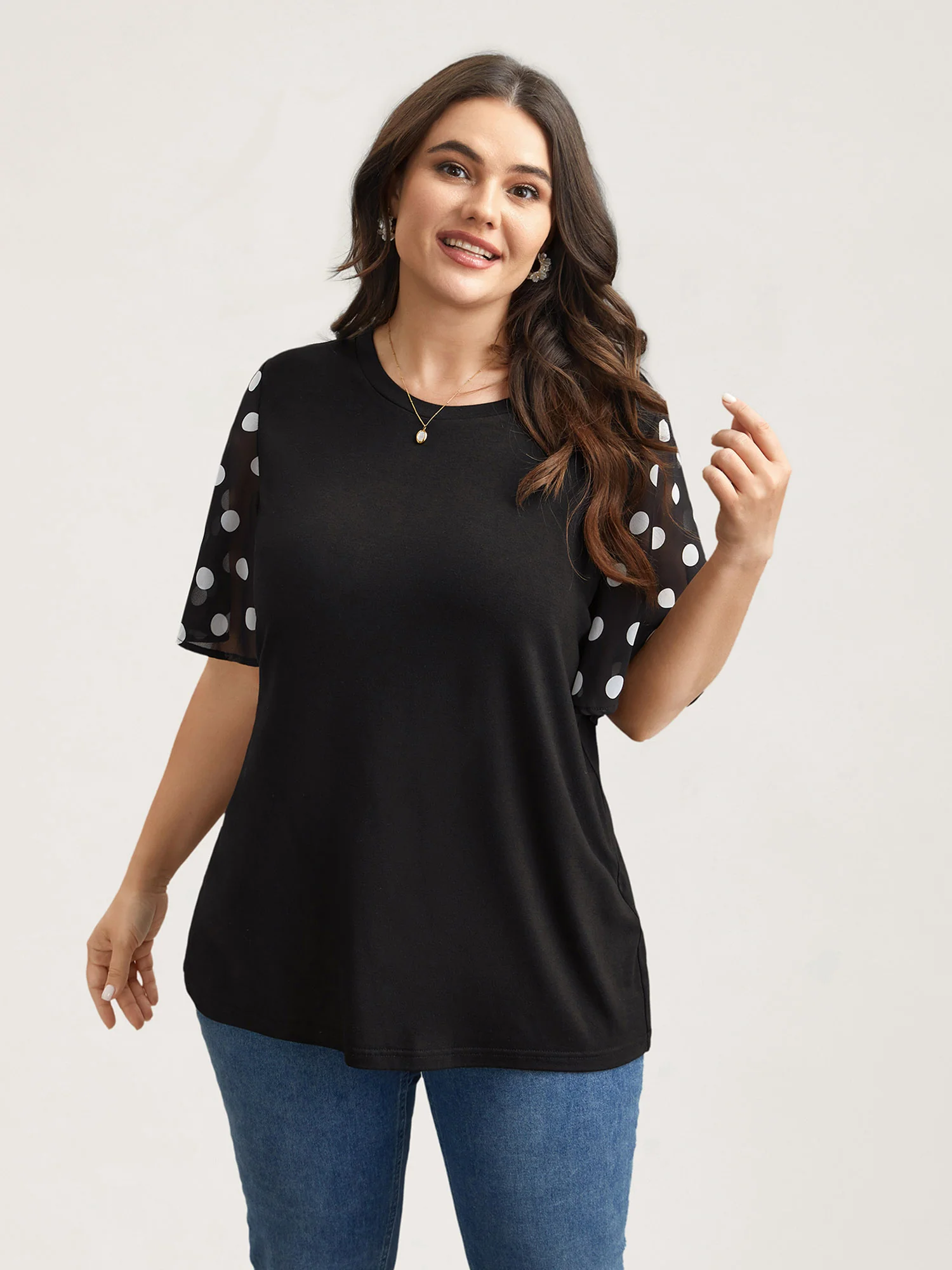 Stretchy Sheer Dot Sleeve Textured T-Shirt - Image 4