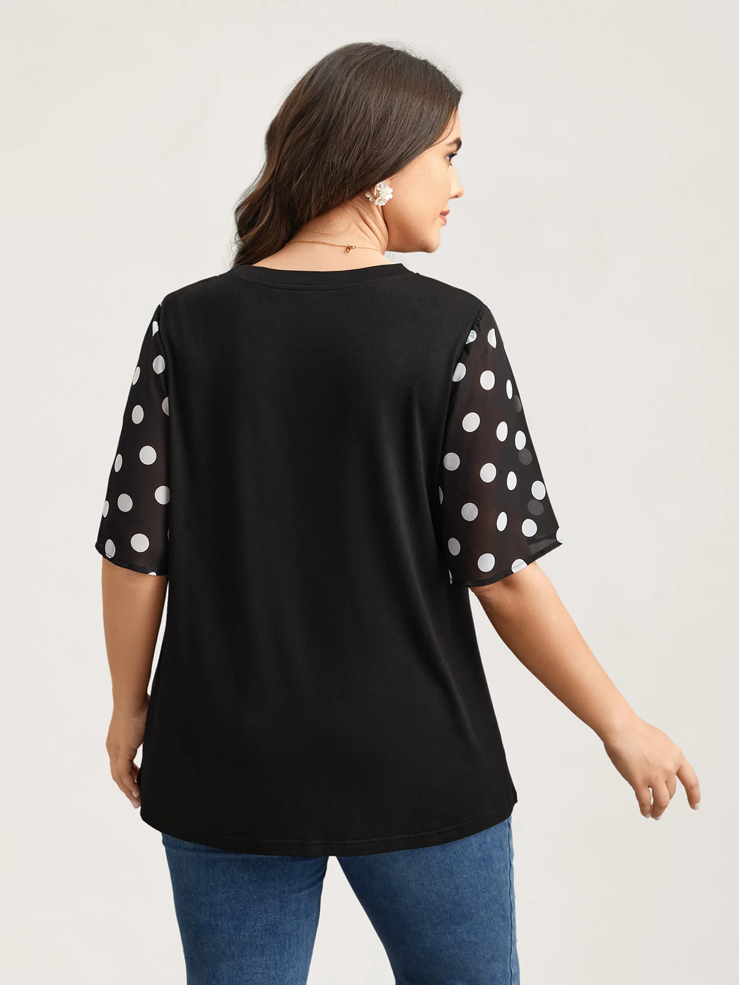 Stretchy Sheer Dot Sleeve Textured T-Shirt - Image 5