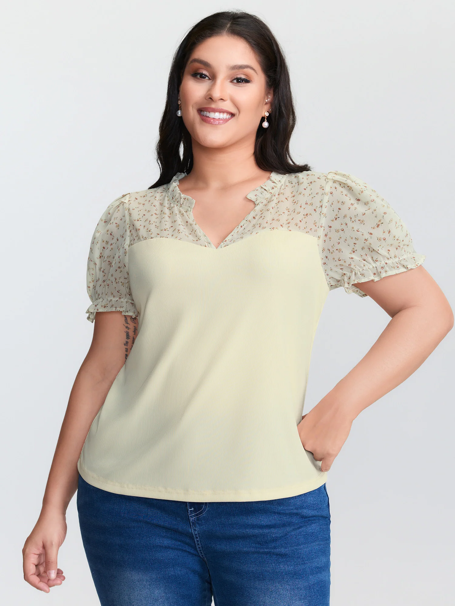 Stretchy Sheer Drawstring Neckline Top