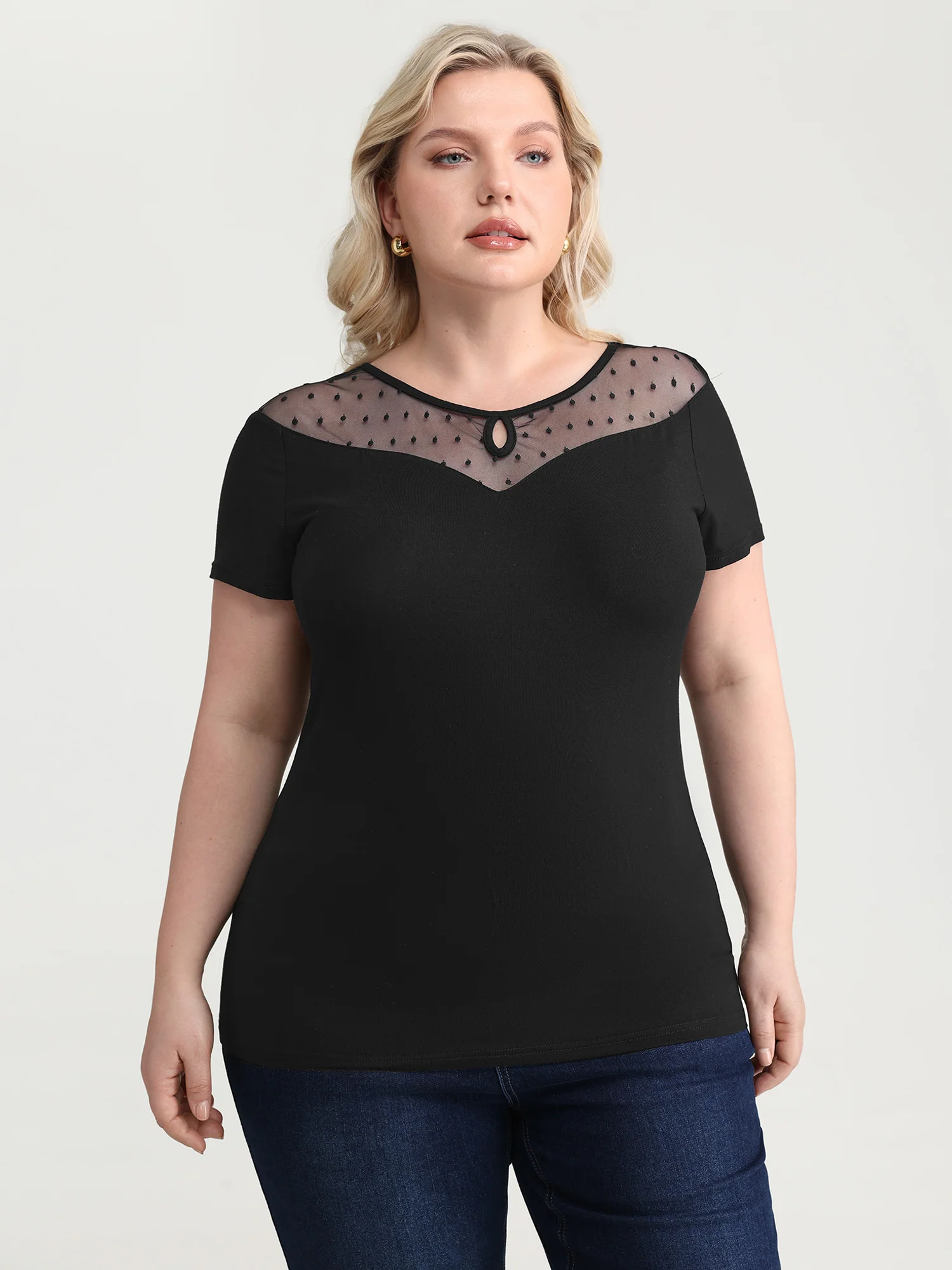 Stretchy Sheer Neckline Fitted T-Shirt - Image 2