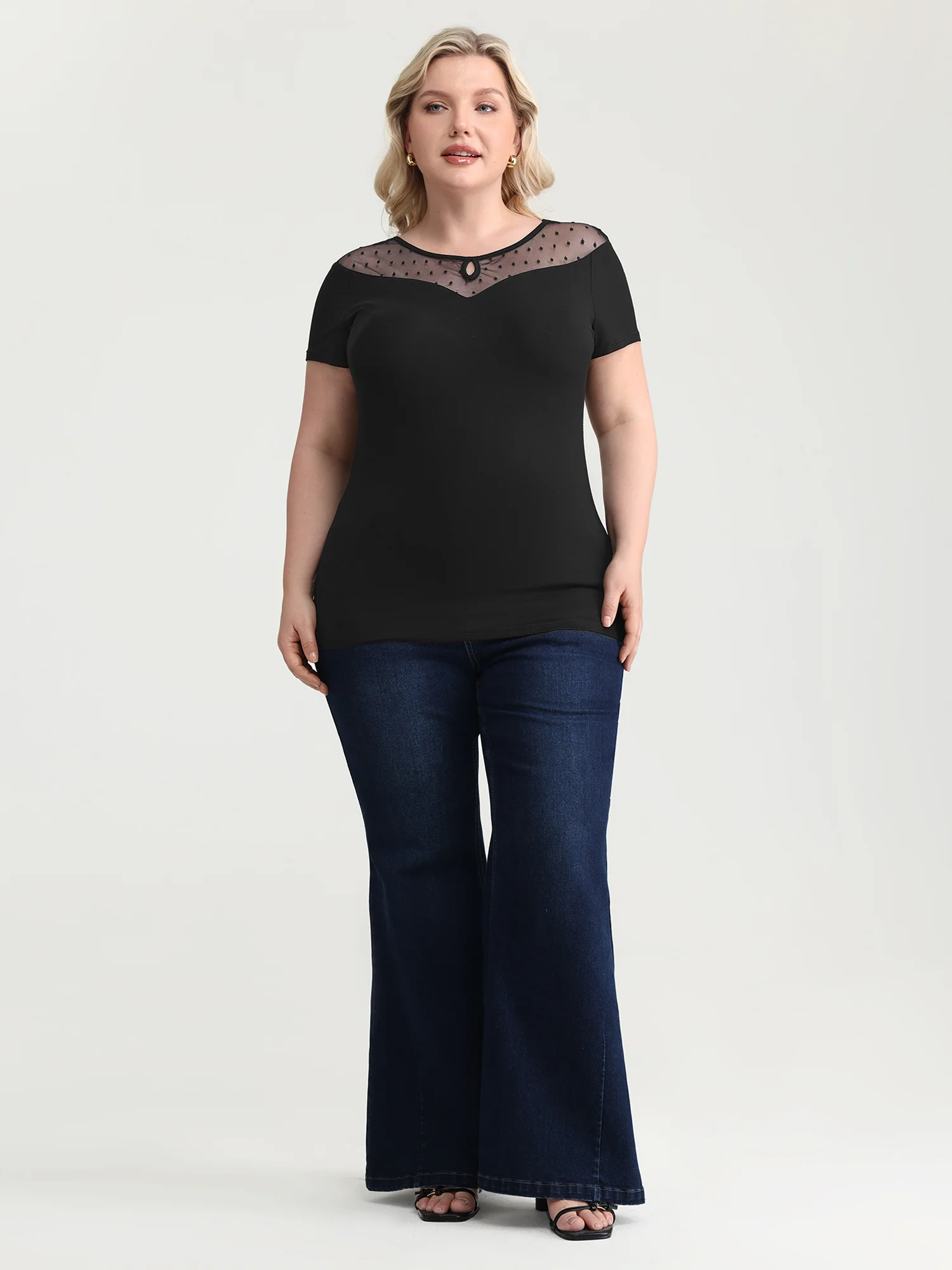 Stretchy Sheer Neckline Fitted T-Shirt - Image 3