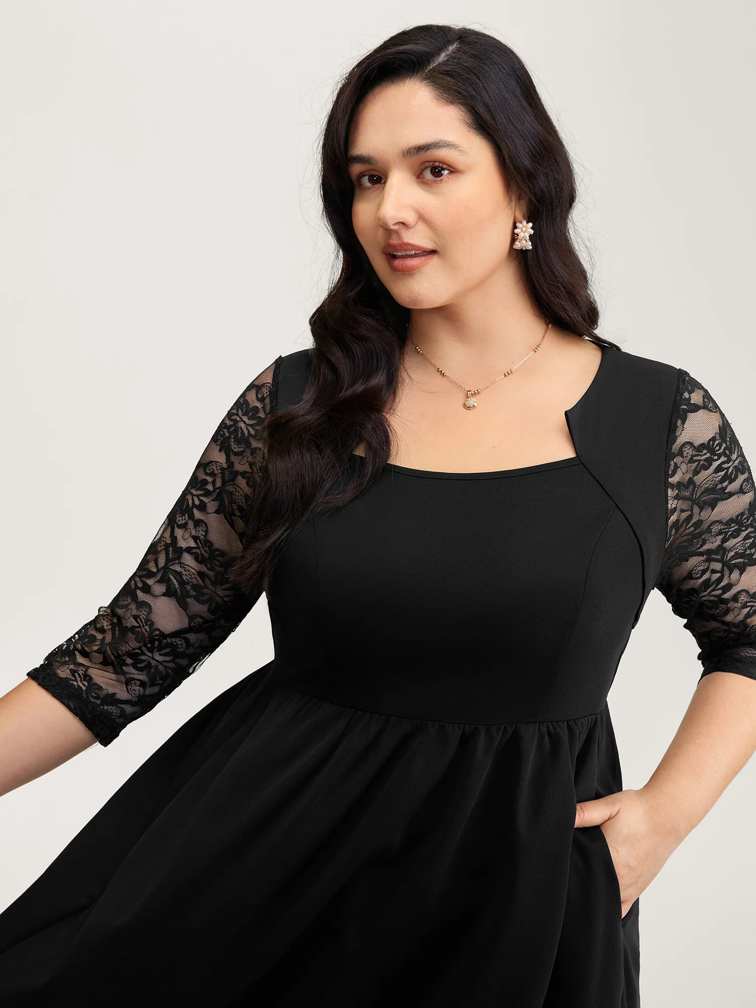 Stretchy Sheer Sleeve Cinched-Waist Midi Dress - Image 2