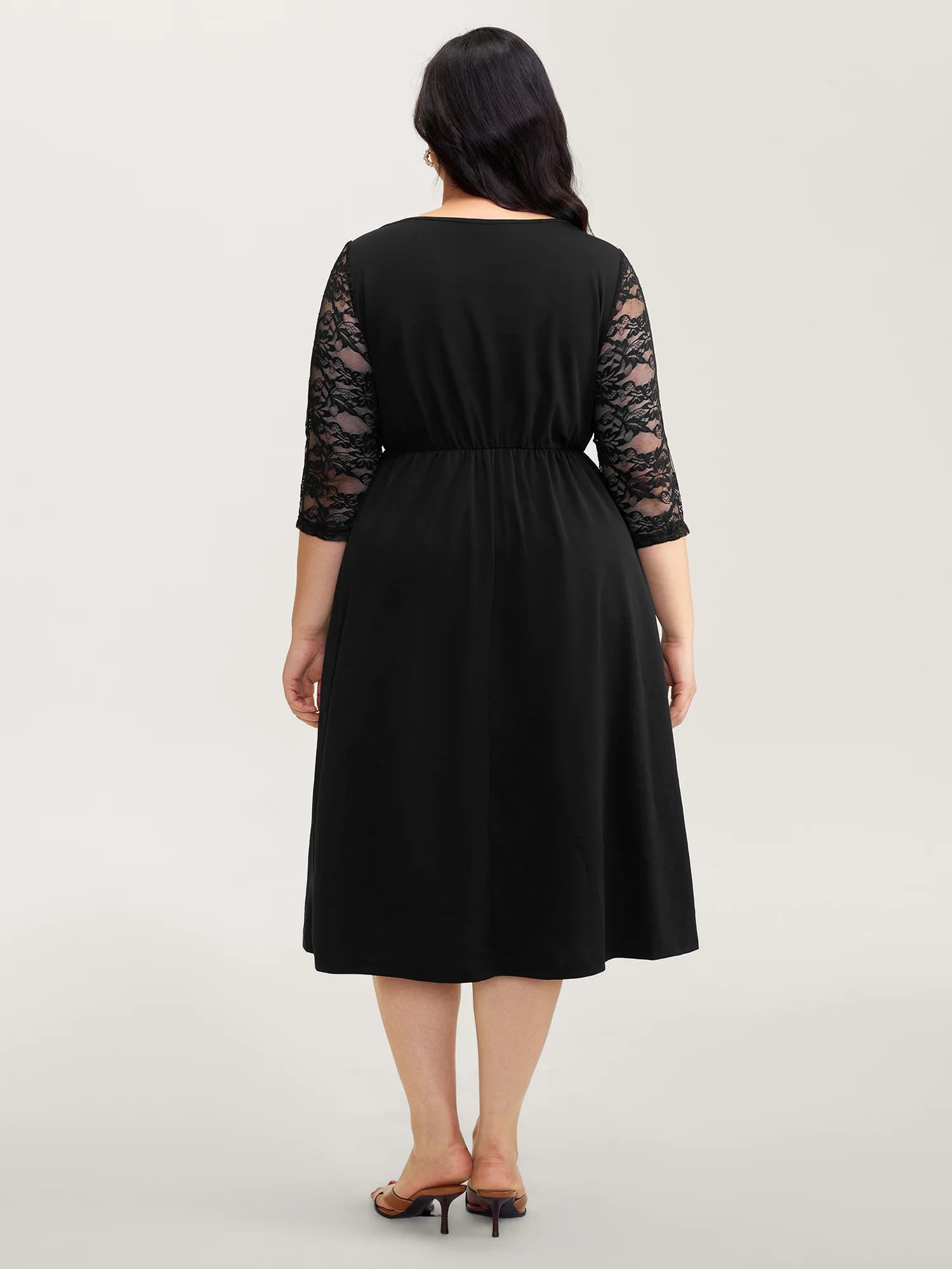 Stretchy Sheer Sleeve Cinched-Waist Midi Dress - Image 4