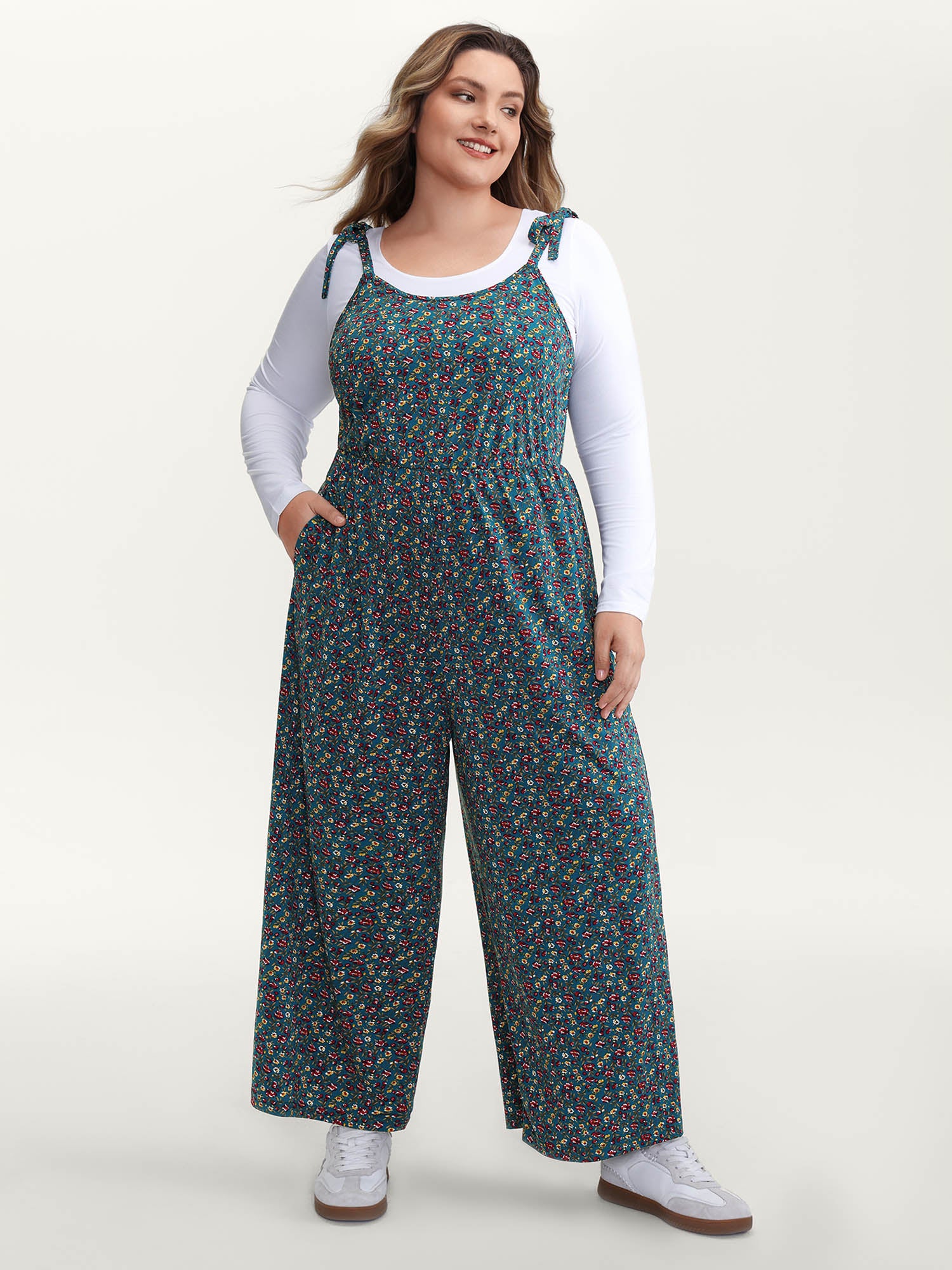 Stretchy Shoulder-Tie Floral Jumpsuit - Image 3