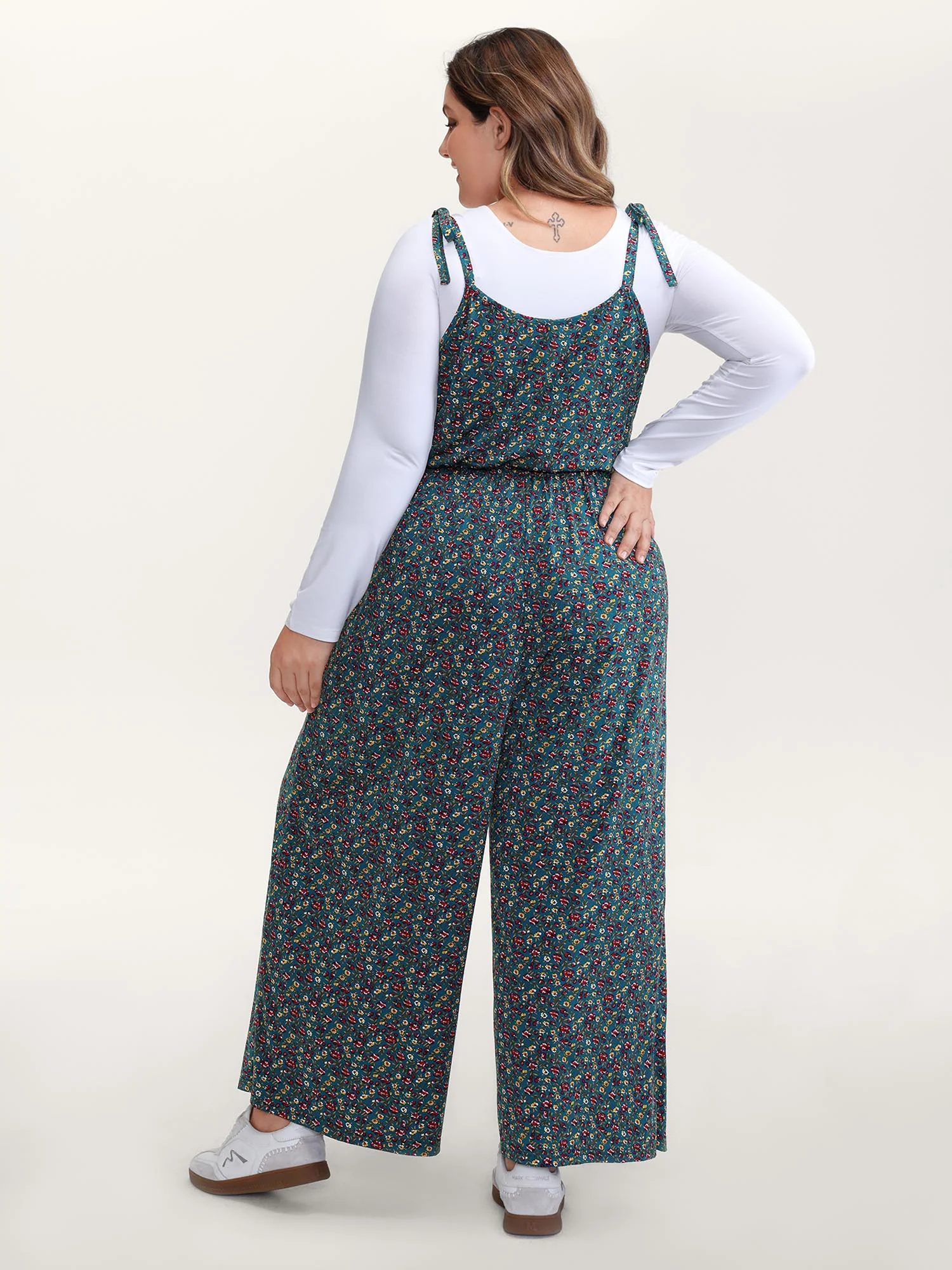 Stretchy Shoulder-Tie Floral Jumpsuit - Image 4