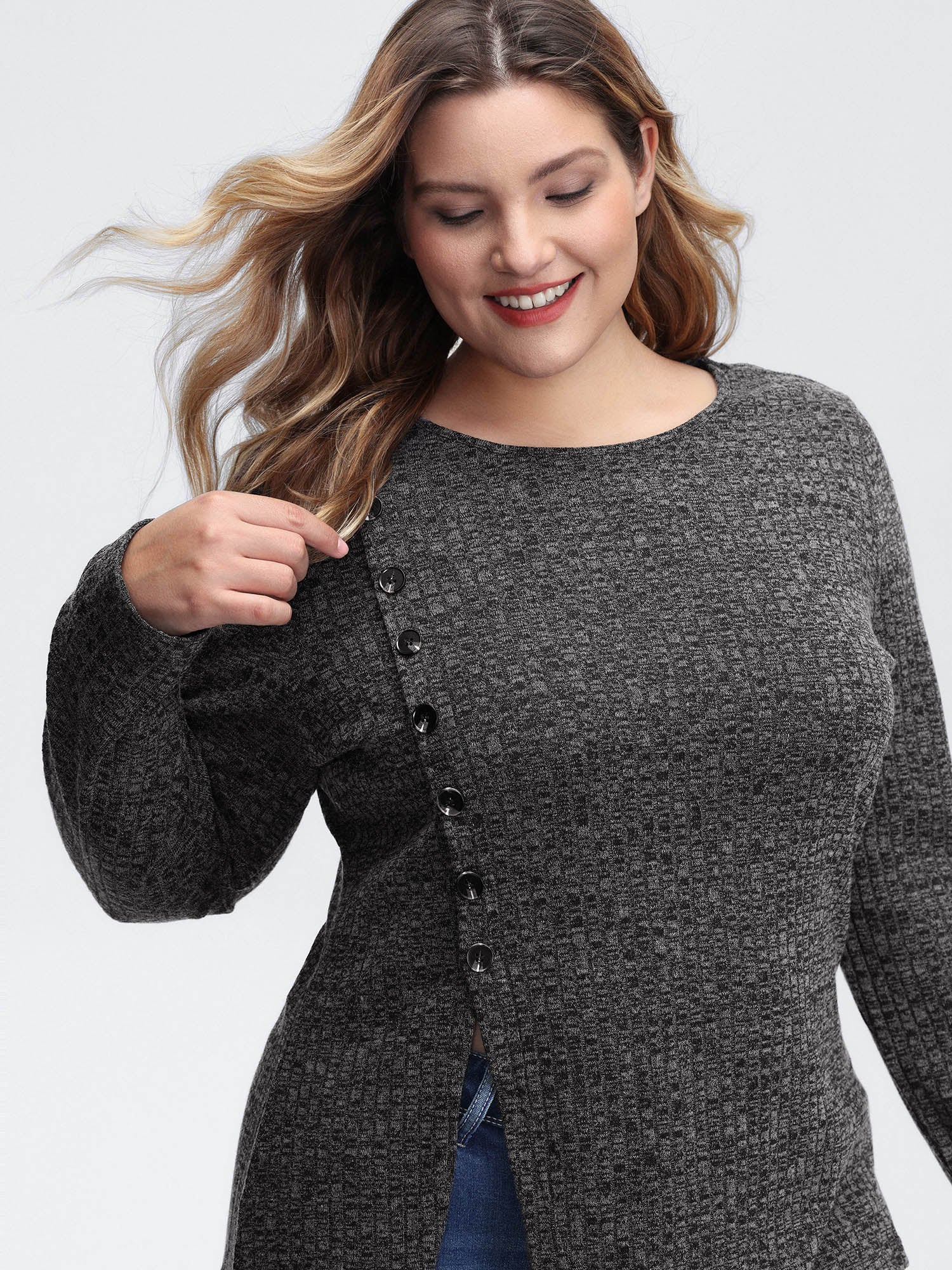 Stretchy Side Button Detail Slit T-Shirt - Image 2