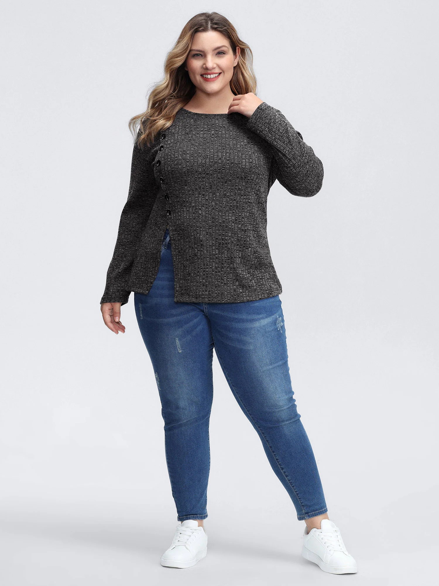 Stretchy Side Button Detail Slit T-Shirt - Image 3