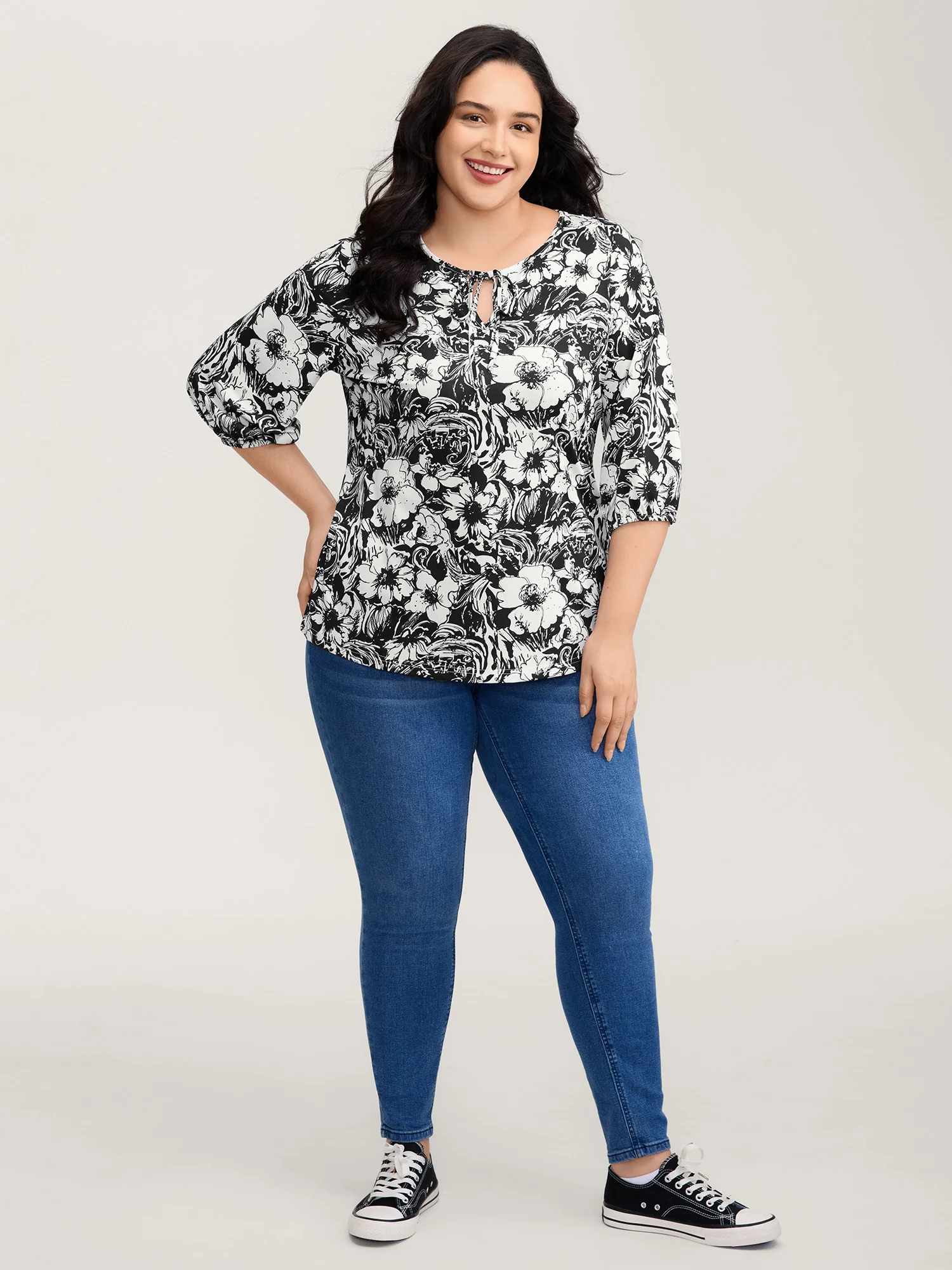 Stretchy Silhouette Flower Knit Top - Image 3