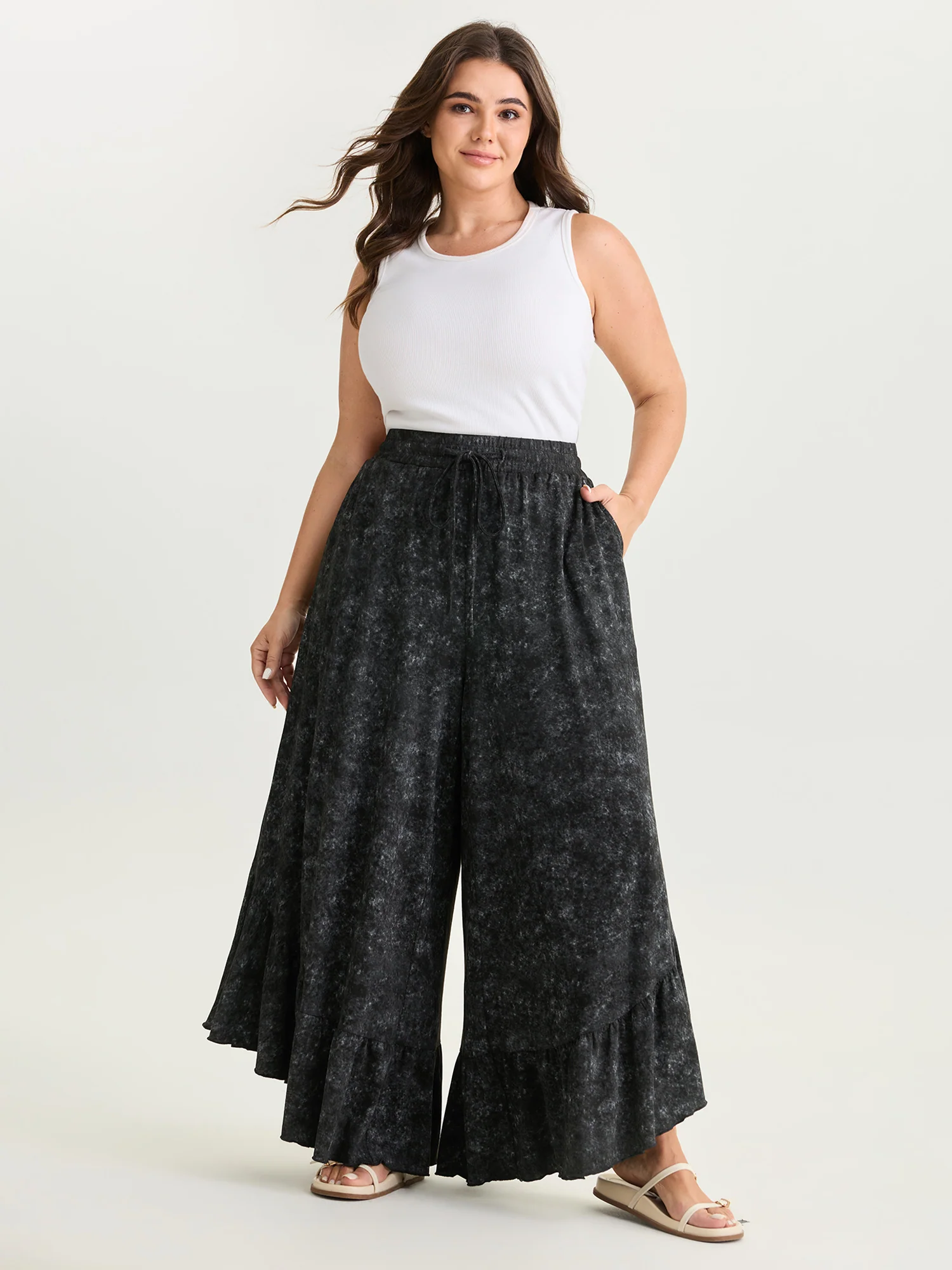 Stretchy Snowflake Effect Ruffled Hem Pants