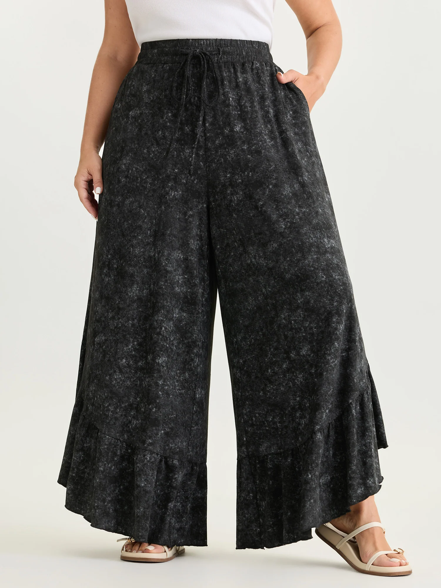 Stretchy Snowflake Effect Ruffled Hem Pants - Image 2