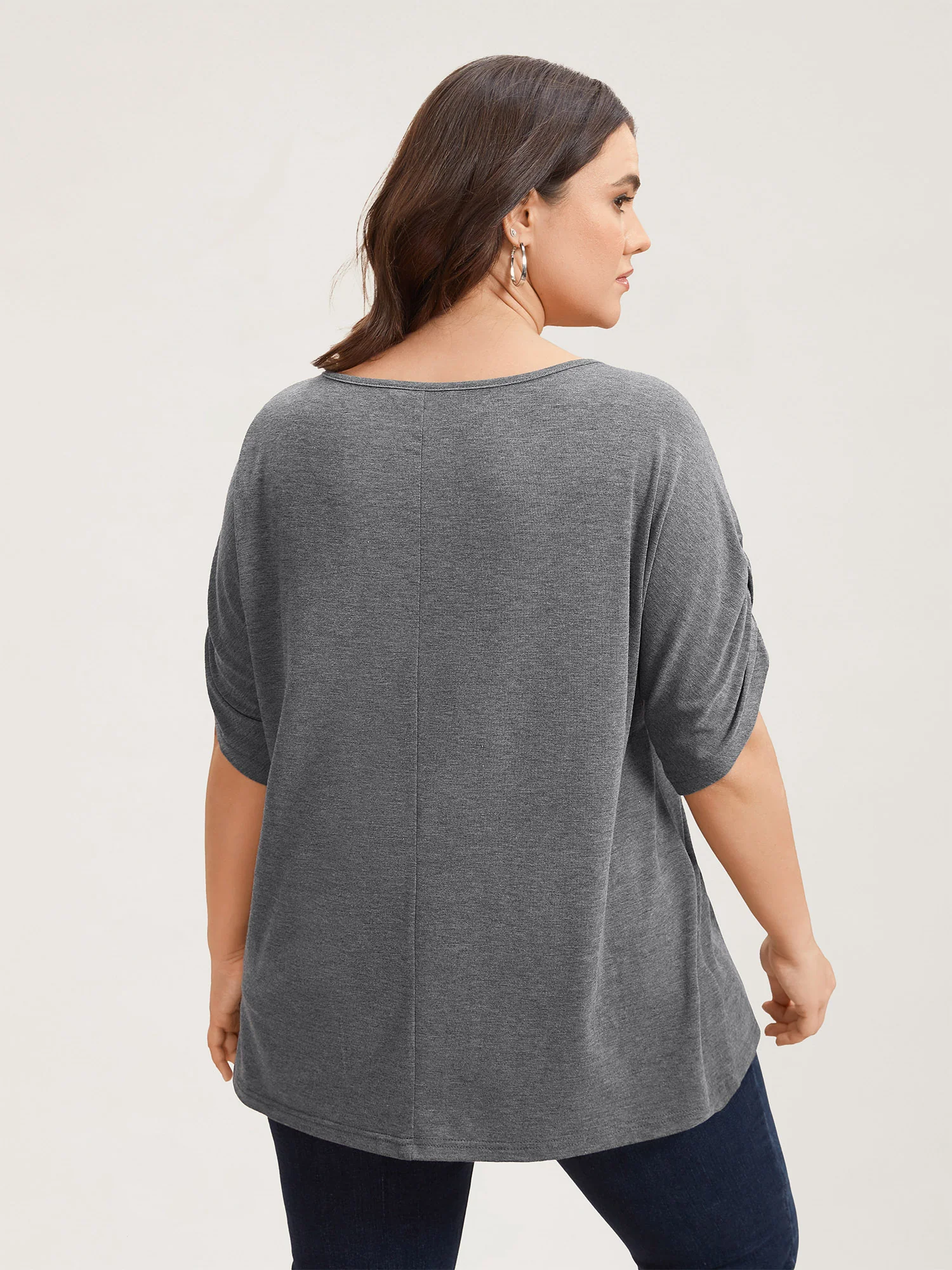 Stretchy Solid Color Gathered Sleeve T-Shirt - Image 2