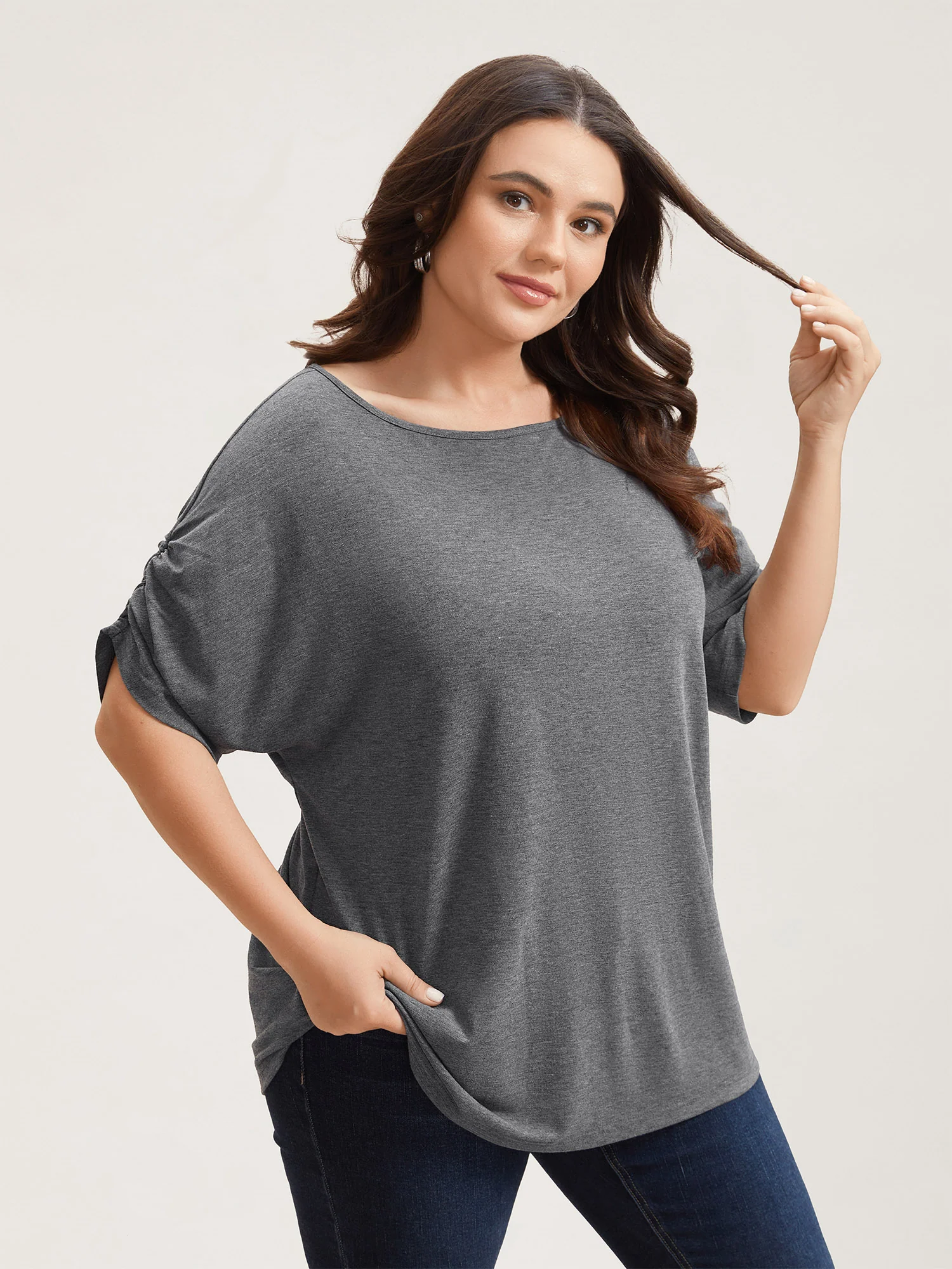 Stretchy Solid Color Gathered Sleeve T-Shirt - Image 3