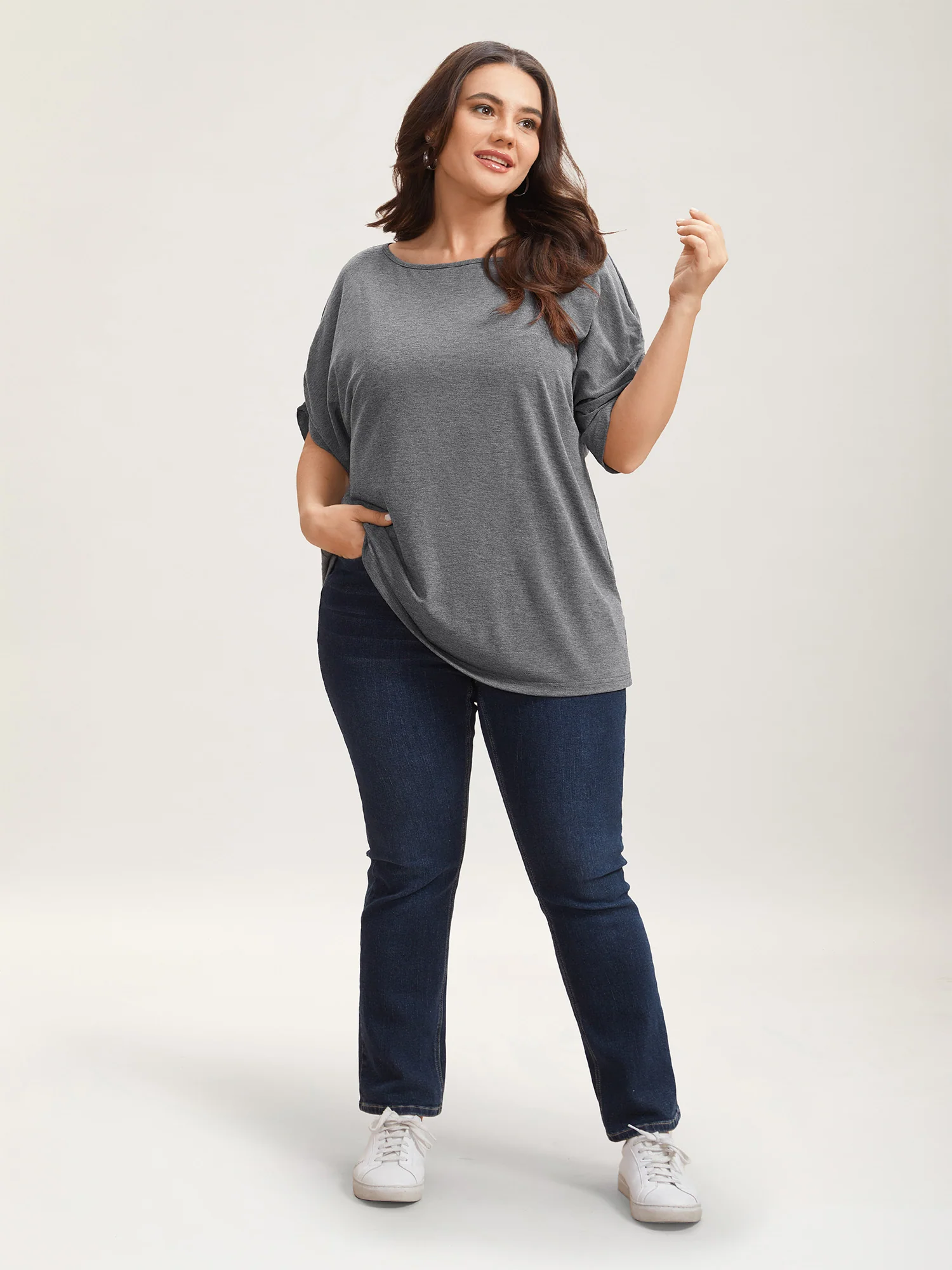 Stretchy Solid Color Gathered Sleeve T-Shirt - Image 4