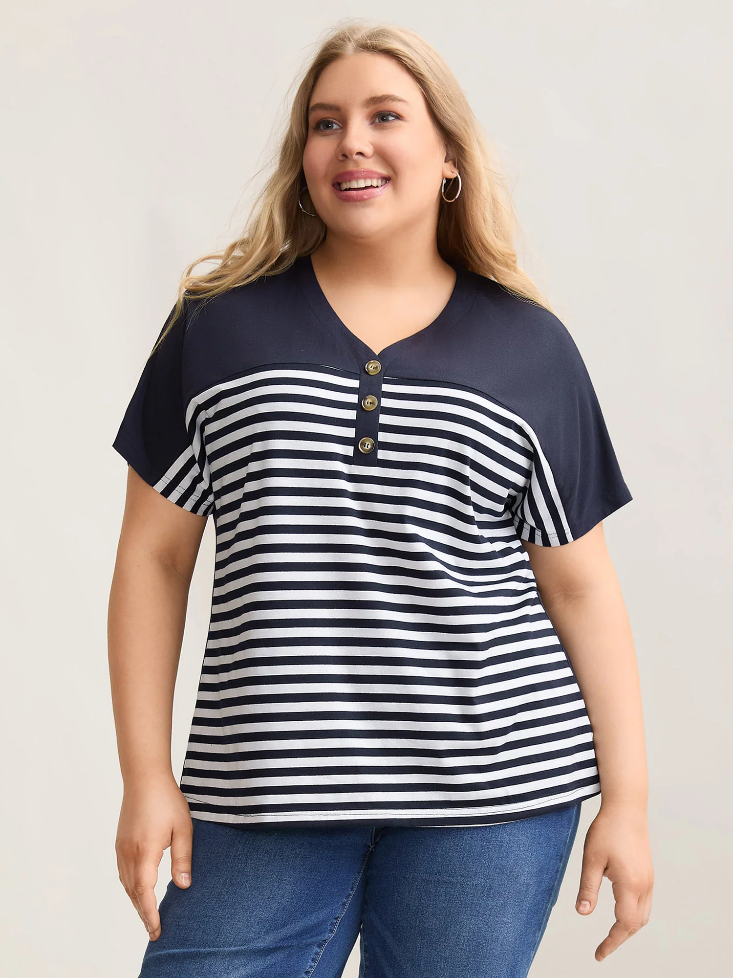 Stretchy Striped Button Front T-Shirt