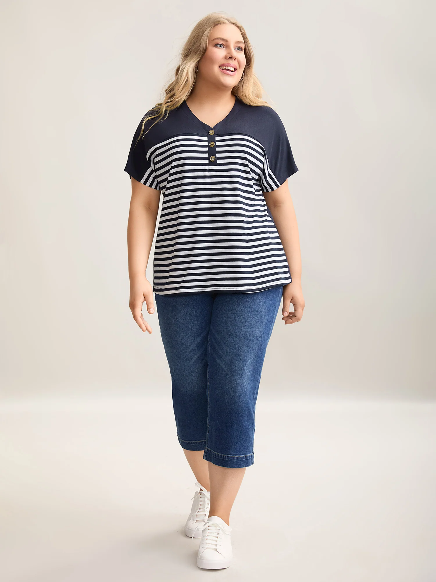 Stretchy Striped Button Front T-Shirt - Image 3